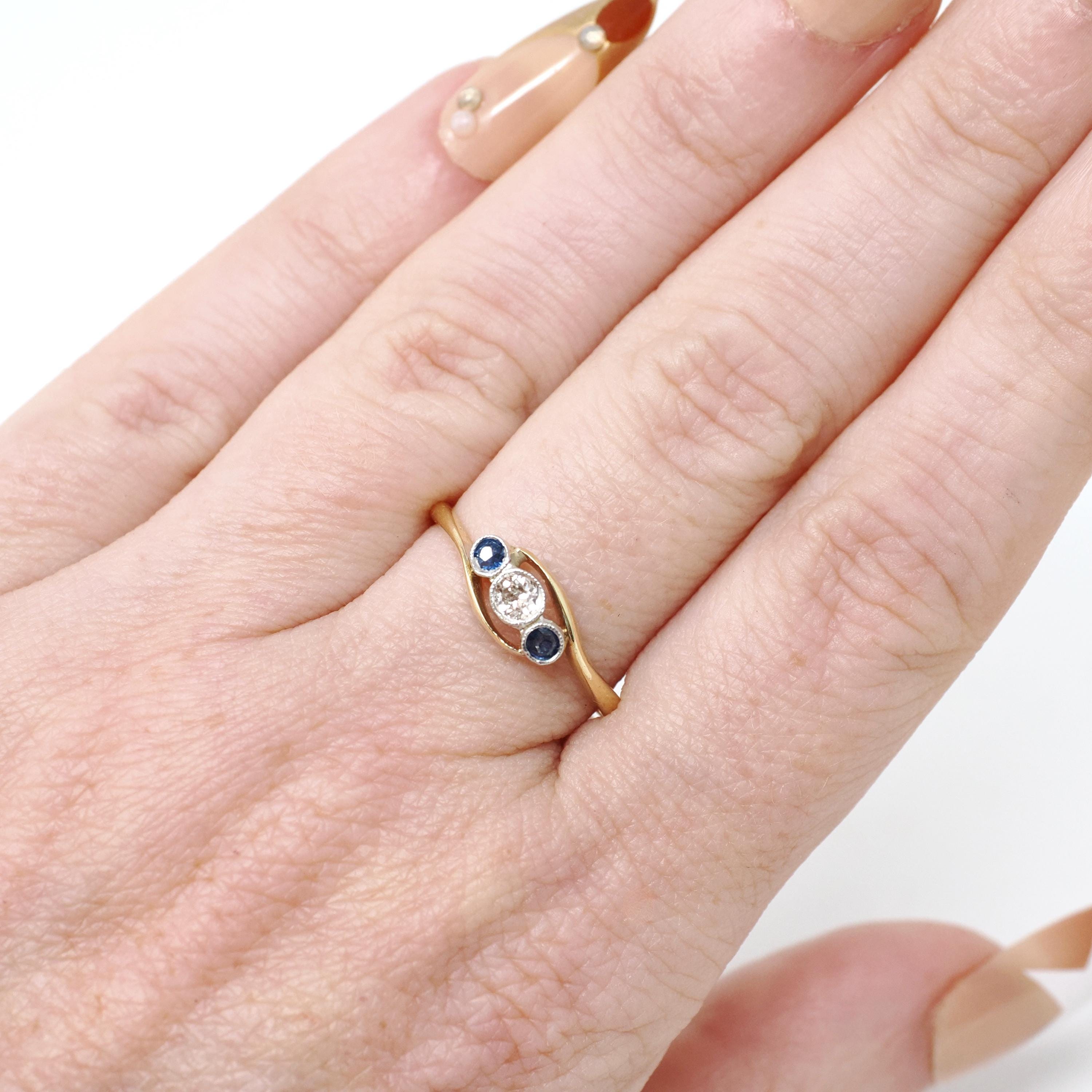 Antique Bypass Ring - Edwardian 18k Yellow Gold Platinum Sapphire & .10 CTW Diamond Band - Circa 1910s Era Size 6.5 Fine Engagement Jewelry