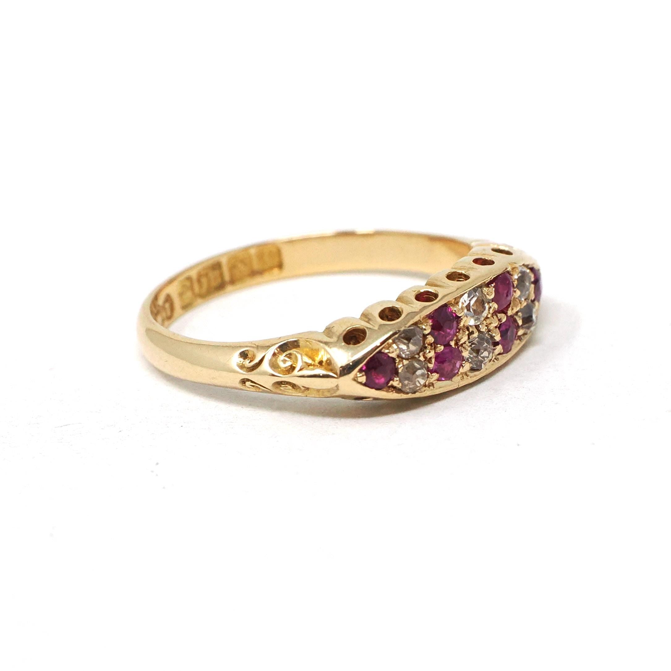 Antique Gemstone Ring - Edwardian 18k Yellow Gold Created Rubies & Diamond Band - Hallmarked 1910 Size 6 1/2 Fine English Statement Jewelry