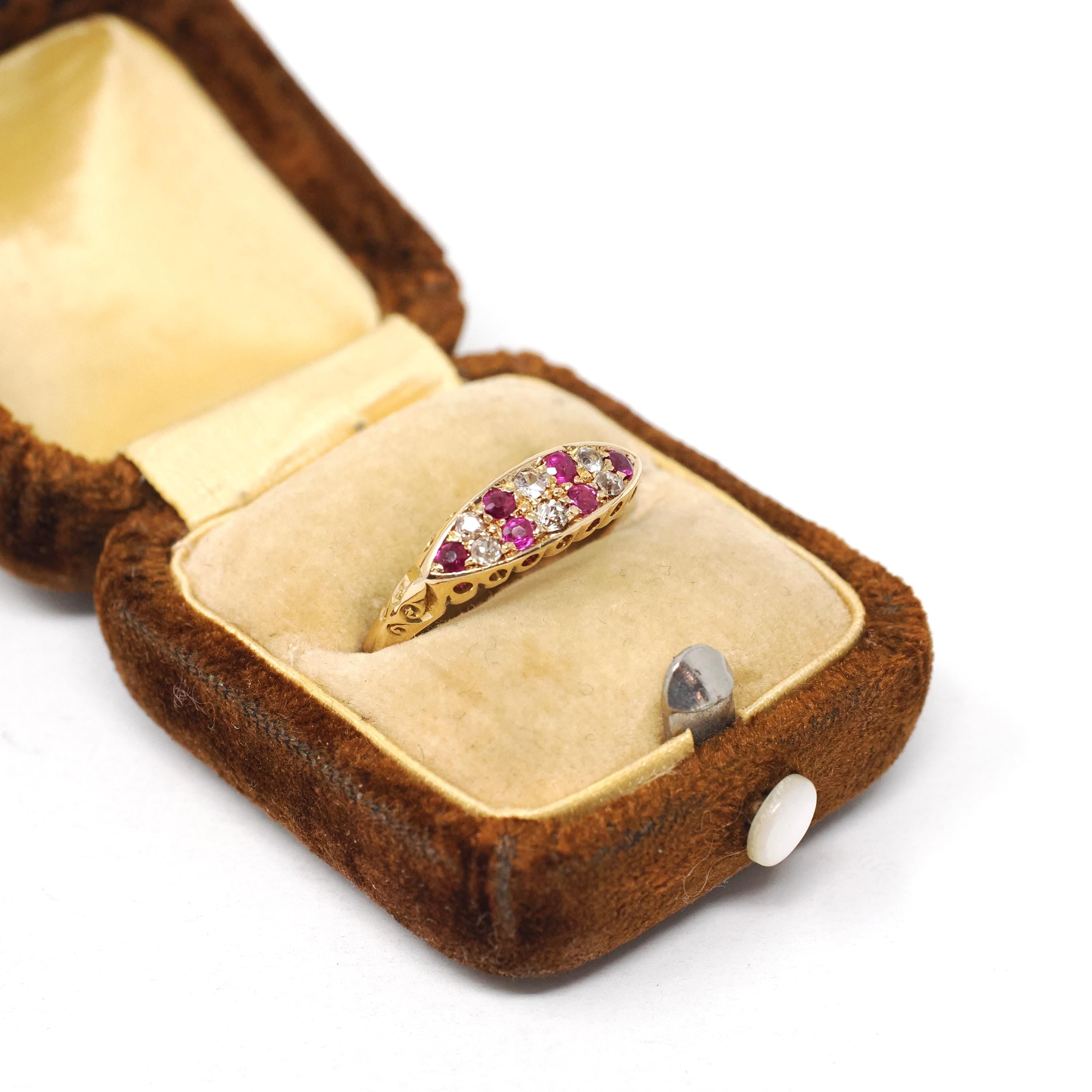 Antique Gemstone Ring - Edwardian 18k Yellow Gold Created Rubies & Diamond Band - Hallmarked 1910 Size 6 1/2 Fine English Statement Jewelry