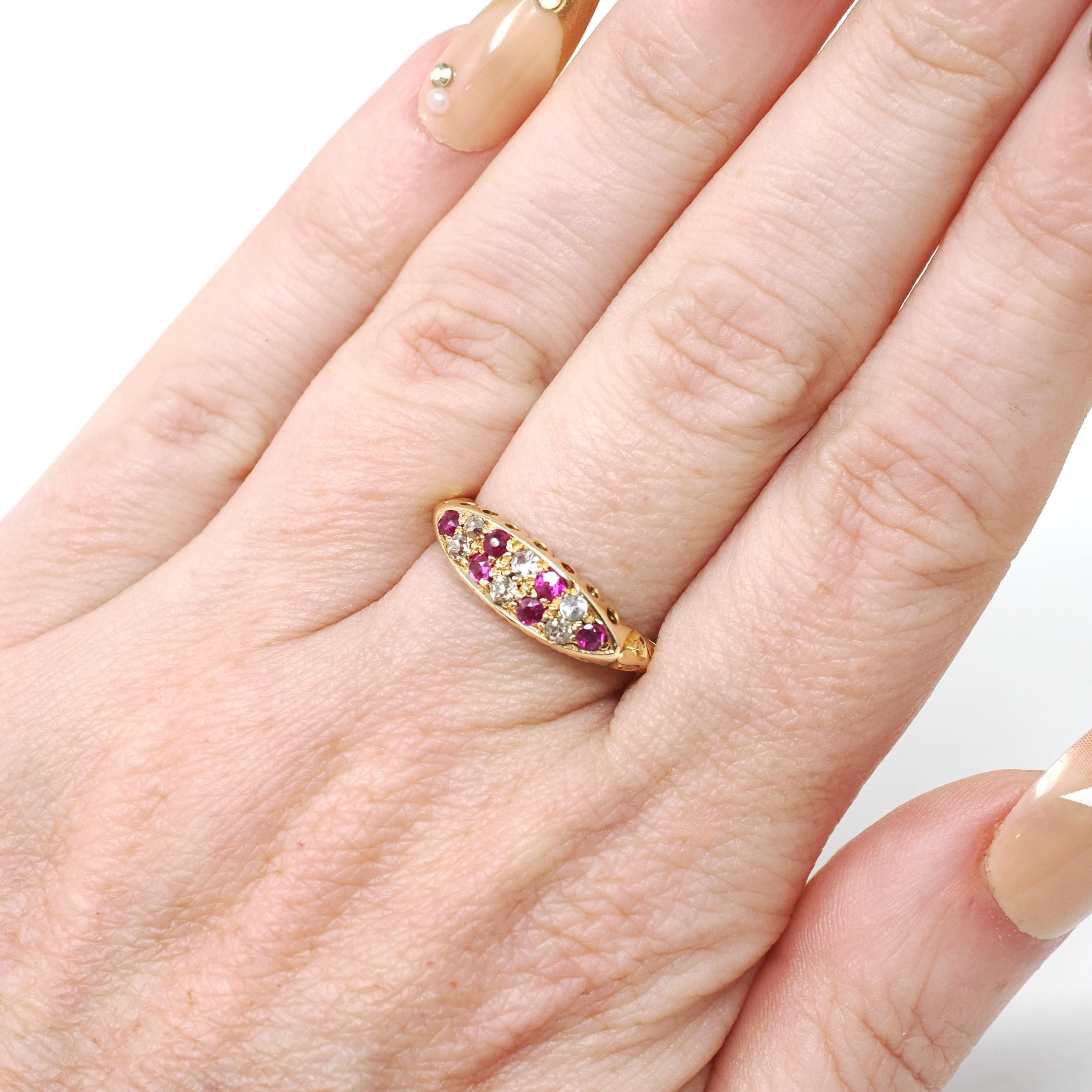Antique Gemstone Ring - Edwardian 18k Yellow Gold Created Rubies & Diamond Band - Hallmarked 1910 Size 6 1/2 Fine English Statement Jewelry
