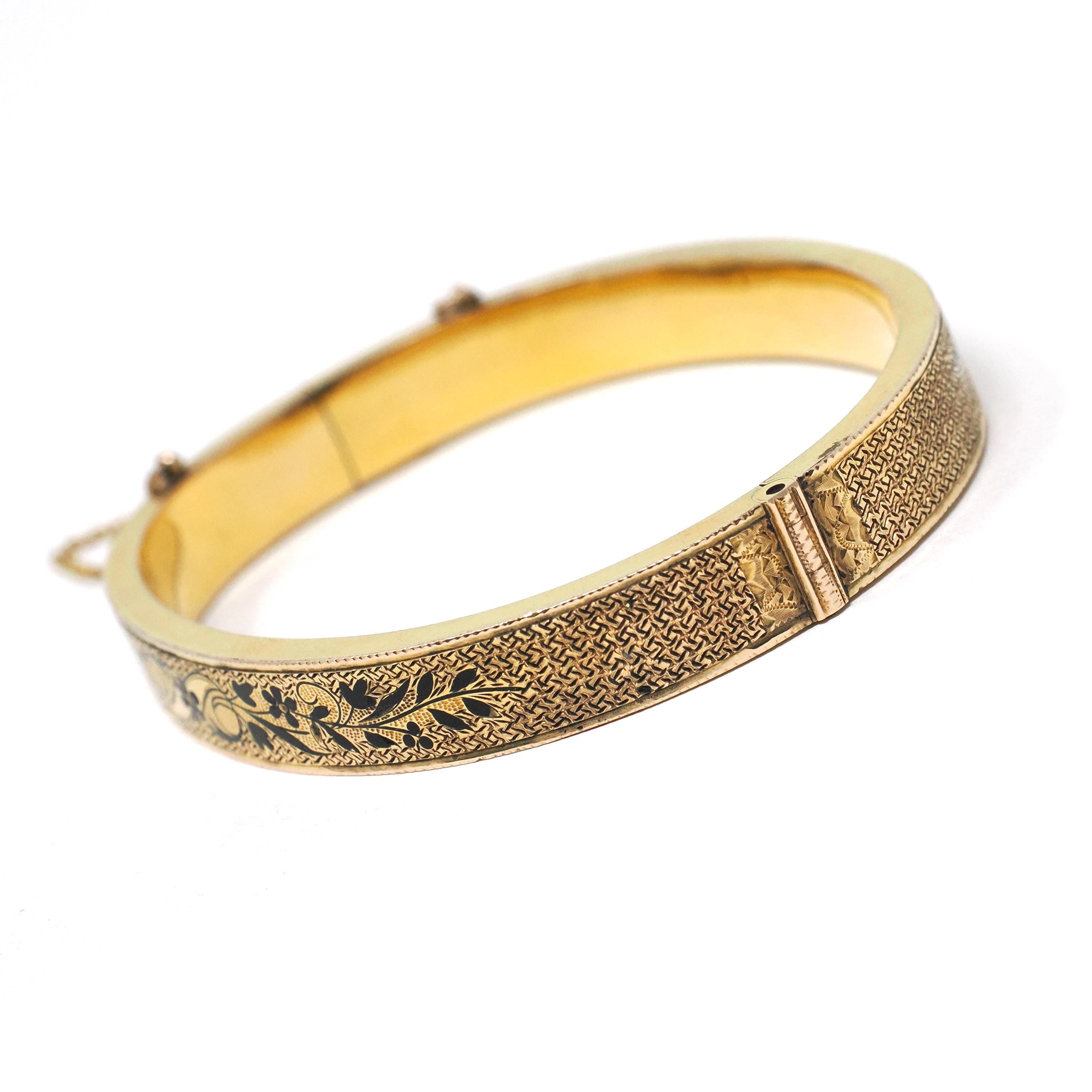 Antique Enamel Bracelet - Victorian 10k Yellow Gold Black Taille D'epargnē Hinged Bangle - Vintage Circa 1880s Hinged Statement Fine Jewelry