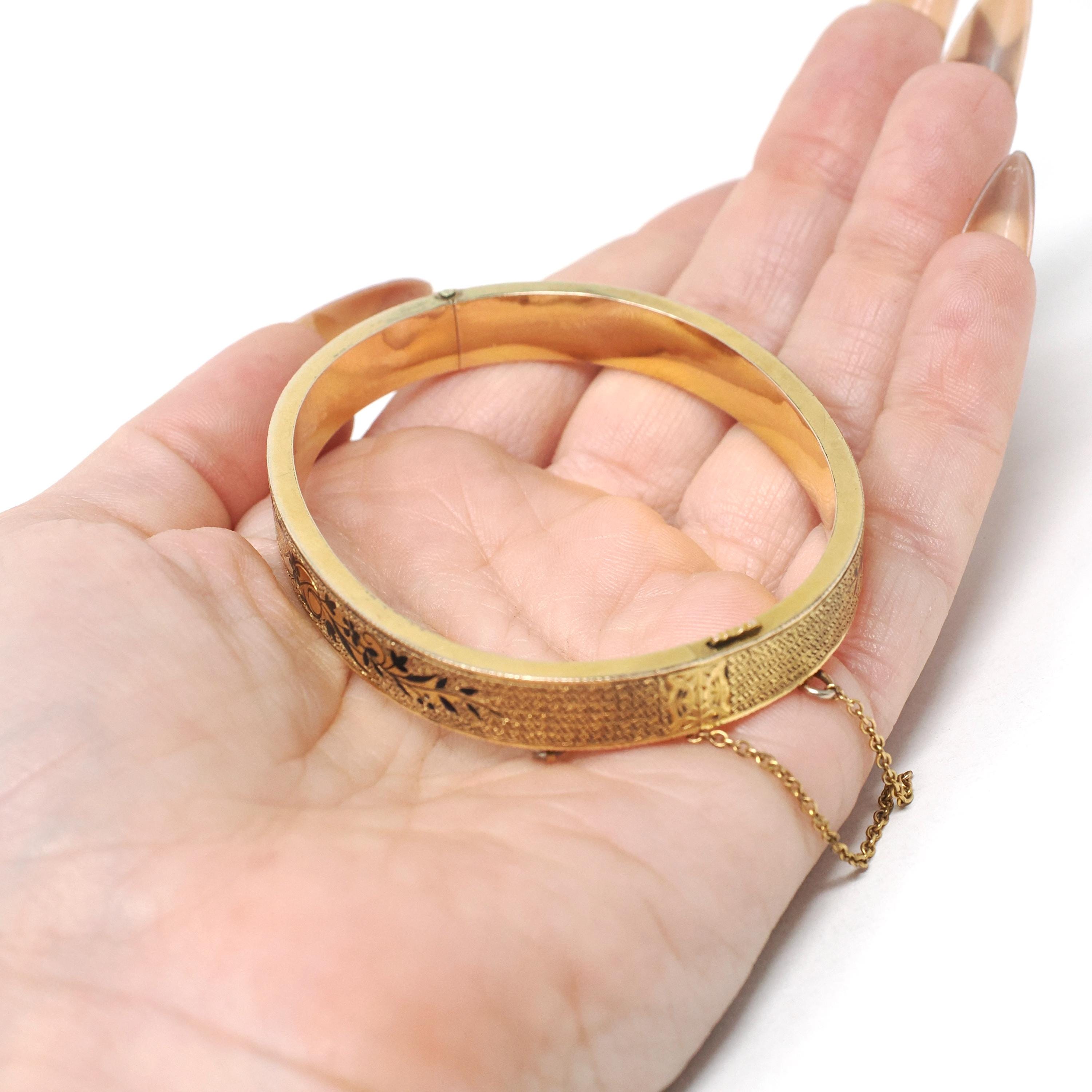 Antique Enamel Bracelet - Victorian 10k Yellow Gold Black Taille D'epargnē Hinged Bangle - Vintage Circa 1880s Hinged Statement Fine Jewelry