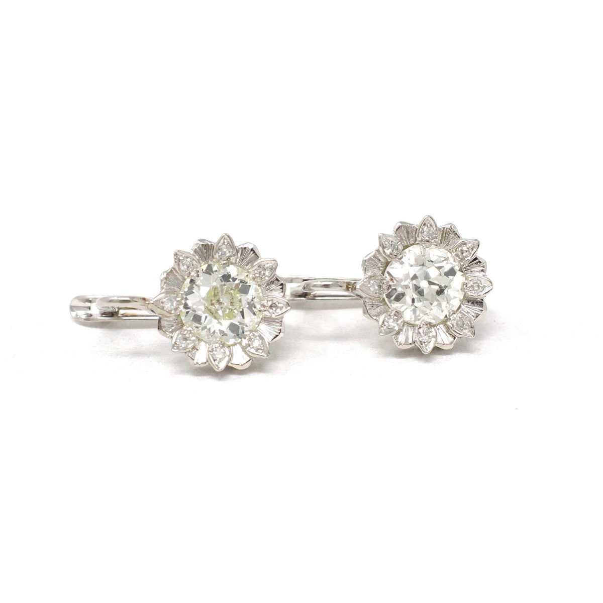 Diamond Sunflower Earrings - Modern 18k White Gold 2.04 CTW Natural Old Euro Cut Leverback - Circa 2000s Nature Inspired Floral Fine Jewelry