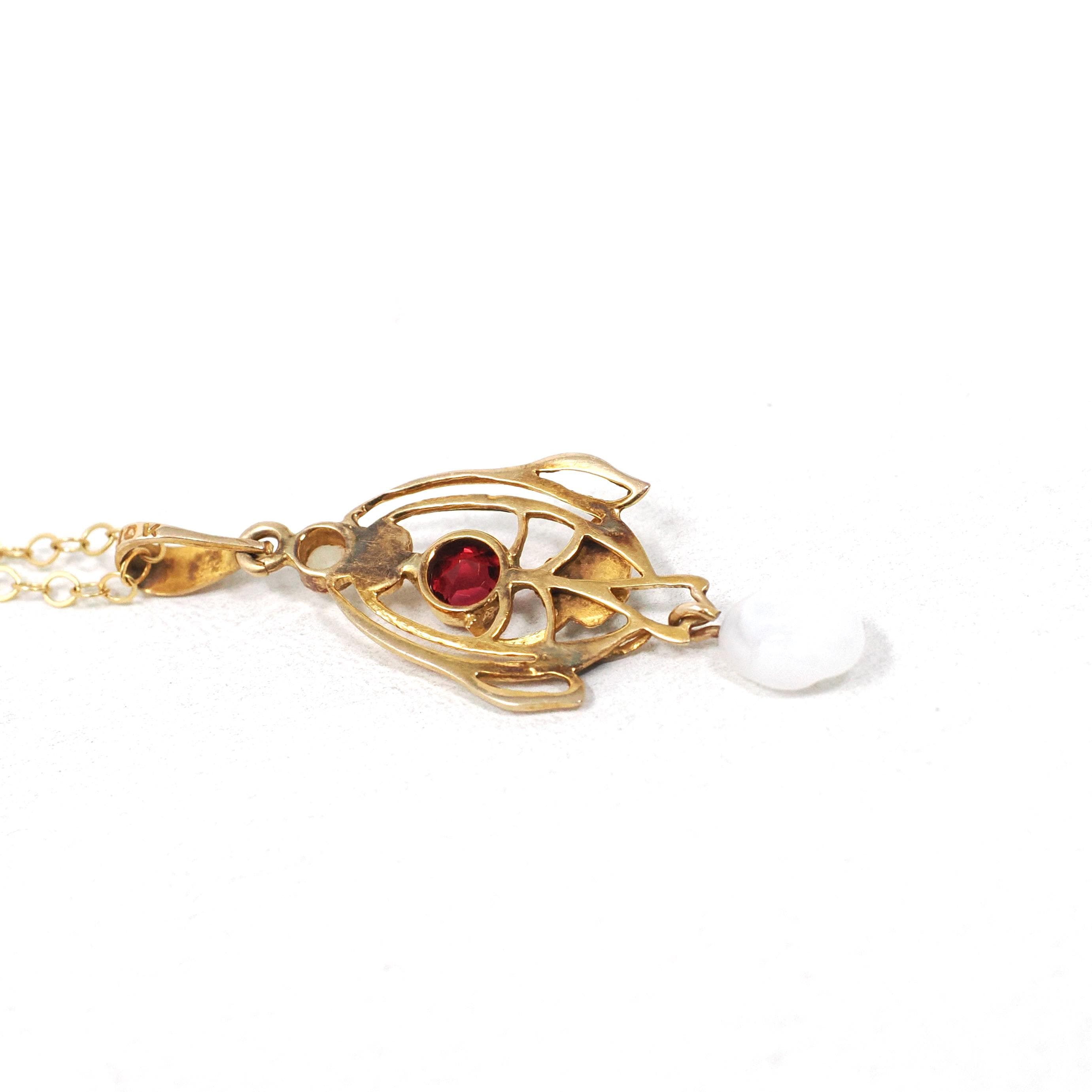 Antique Lavalier Necklace - Edwardian 10k Yellow Gold Red Glass & Seed Pearl Pendant - Circa 1910s Era Simulated Baroque Pearl Fine Jewelry