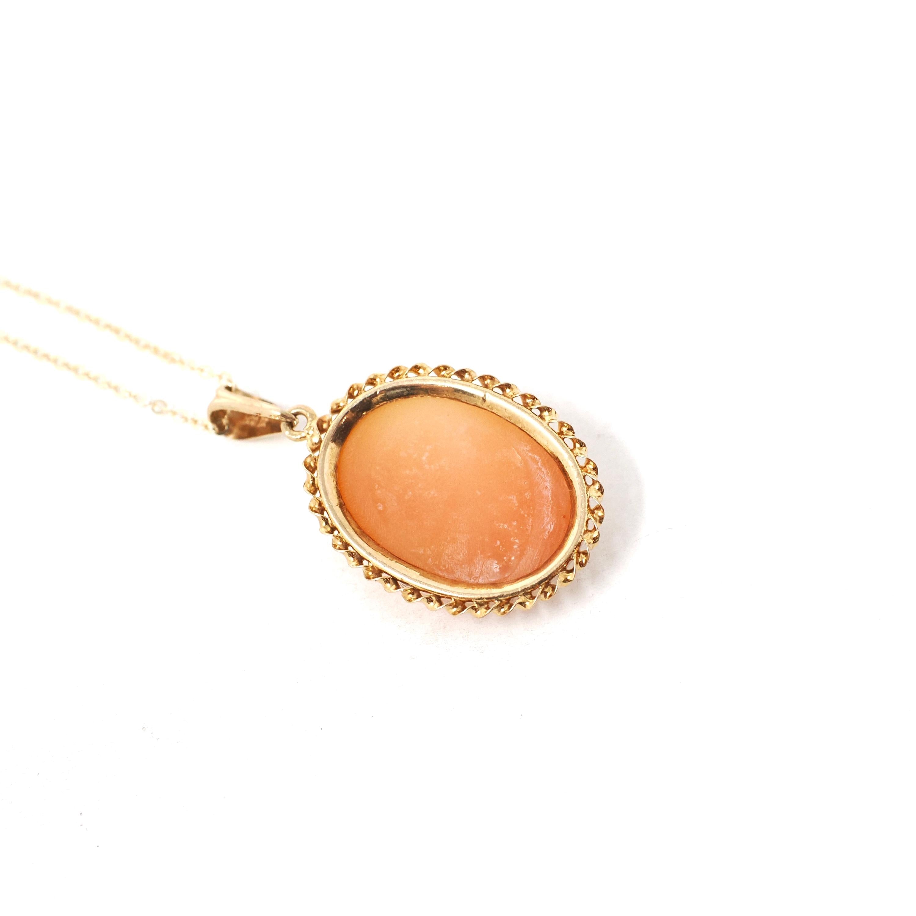 Vintage Cameo Necklace - Retro 10k Yellow Gold Oval Carved Shell Woman's Profile Pendant - Circa 1940s Era Statement Fine BDA 40s Jewelry