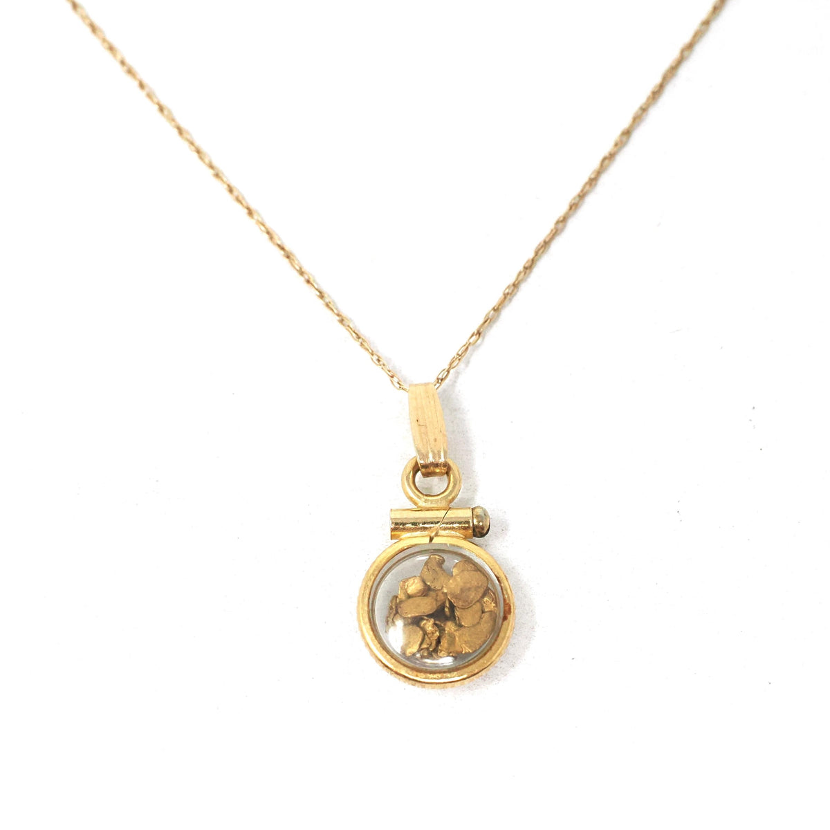 Gold Nugget Necklace - Estate 14k Yellow Gold Shaker Fob Charm Pendant - Modern Circa 1980s Era Alaskan Gold Rush Flakes Souvenir Jewelry