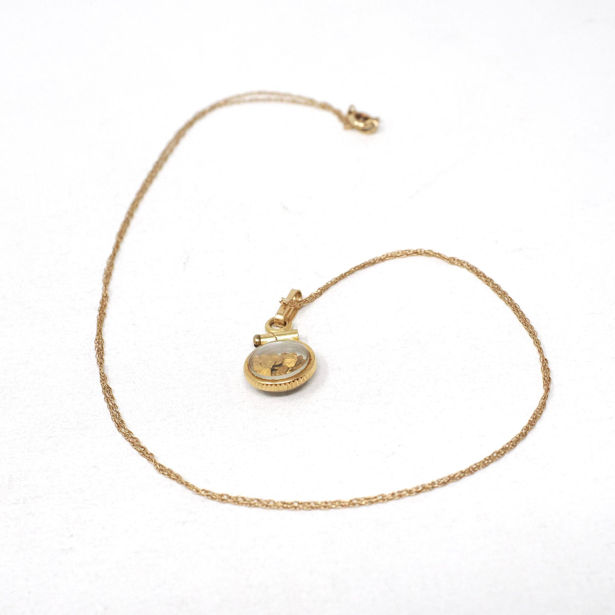 Gold Nugget Necklace - Estate 14k Yellow Gold Shaker Fob Charm Pendant - Modern Circa 1980s Era Alaskan Gold Rush Flakes Souvenir Jewelry