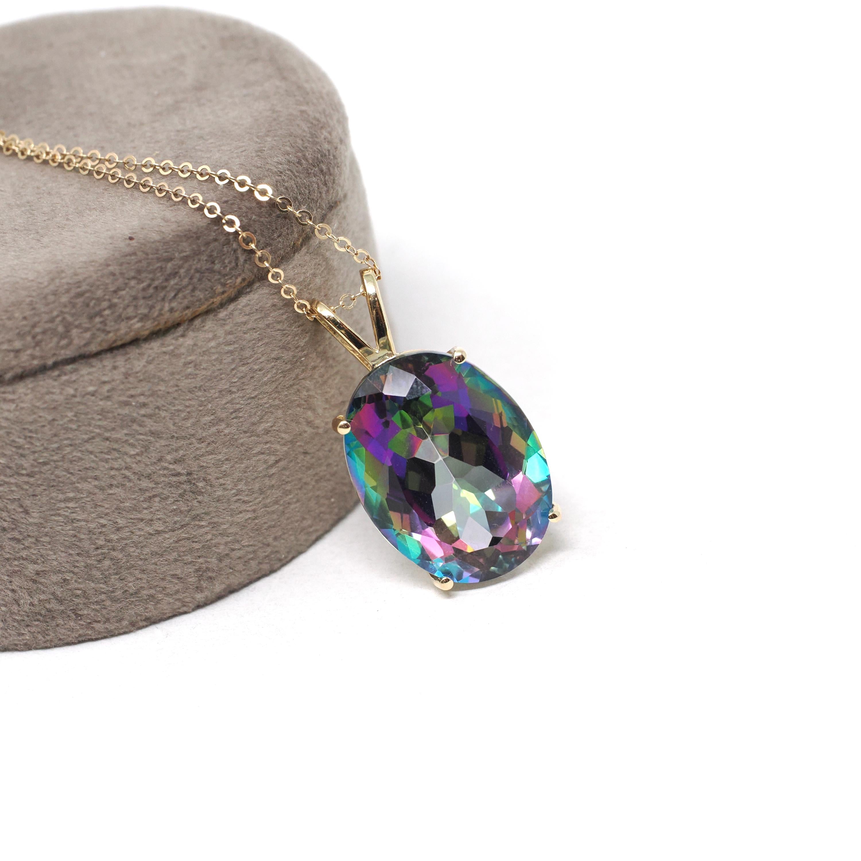 Mystic Topaz Pendant - Estate 14k Yellow Gold Oval Faceted 22.72 CT Rainbow Gem - Modern Circa 2000's Era Statement Necklace Fine Jewelry