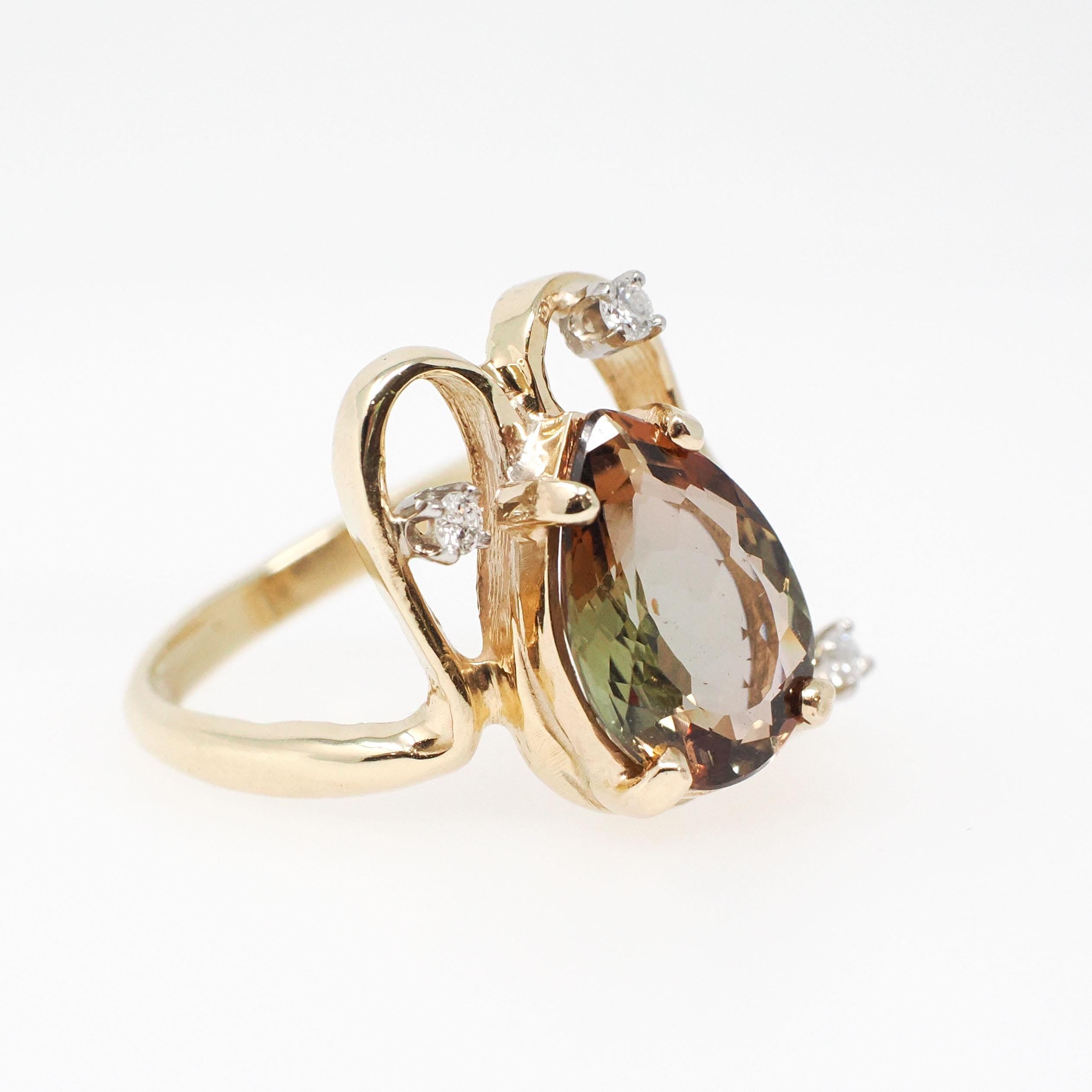Vintage Andalusite Ring - Retro 14k Yellow Gold Freeform Pleochroic Gemstone Natural Diamonds - Circa 1970s Green Orange Size 5 1/2 Jewelry