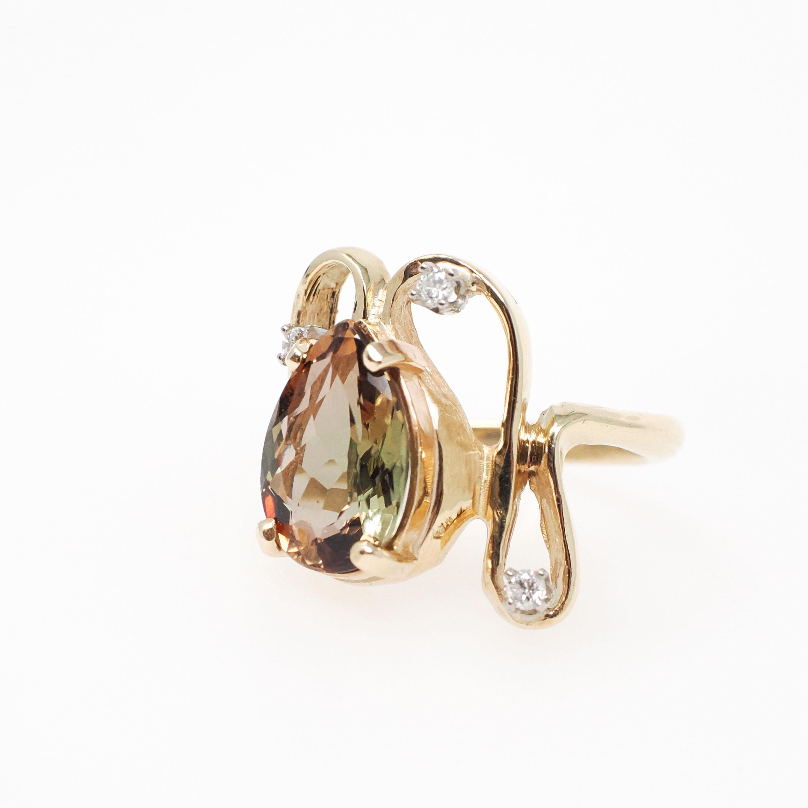 Vintage Andalusite Ring - Retro 14k Yellow Gold Freeform Pleochroic Gemstone Natural Diamonds - Circa 1970s Green Orange Size 5 1/2 Jewelry