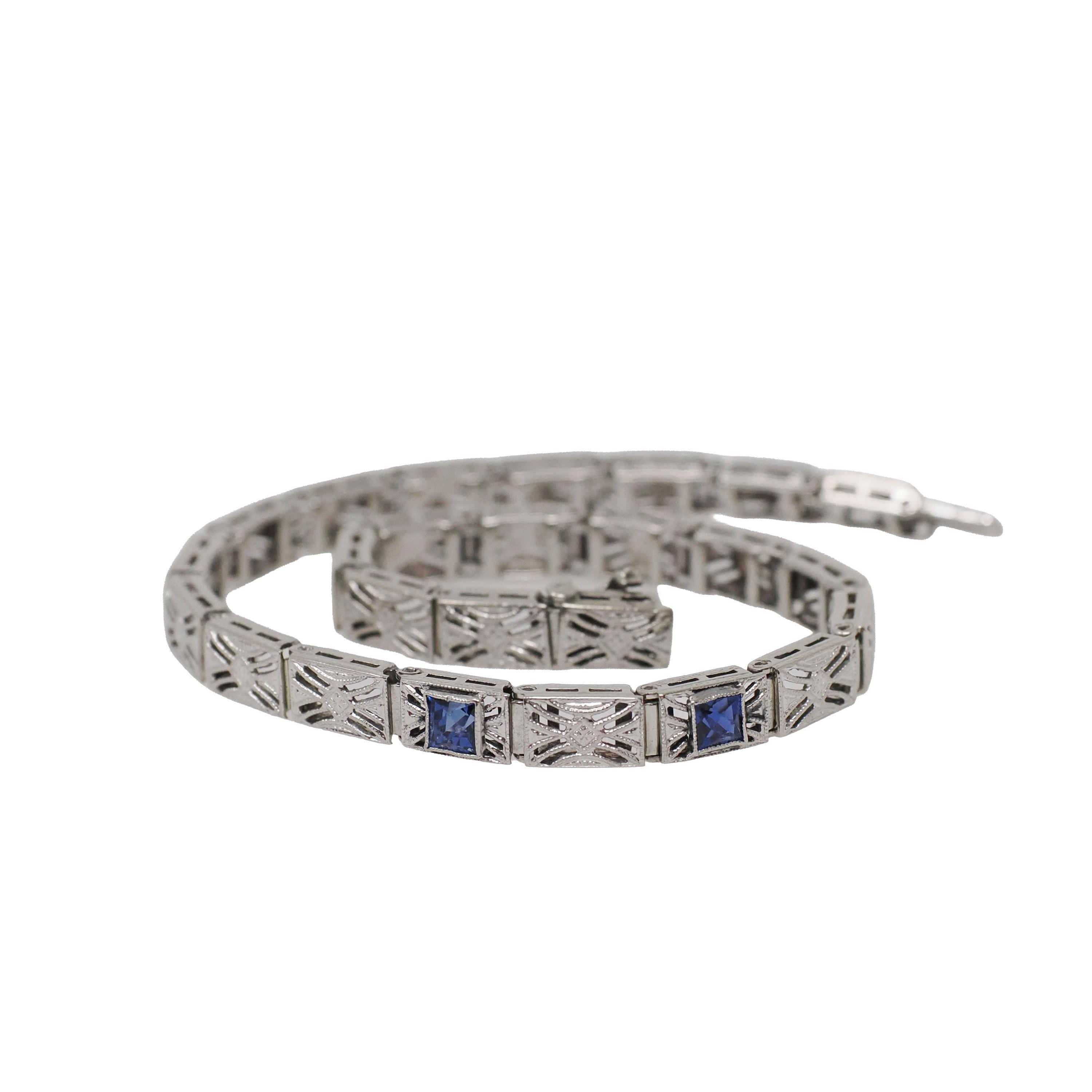 Art Deco Bracelet - Vintage 14k White Gold Filigree Created Blue Sapphires - Circa 1930s Wedding Filigree Panel Die Struck Fine 30s Jewelry