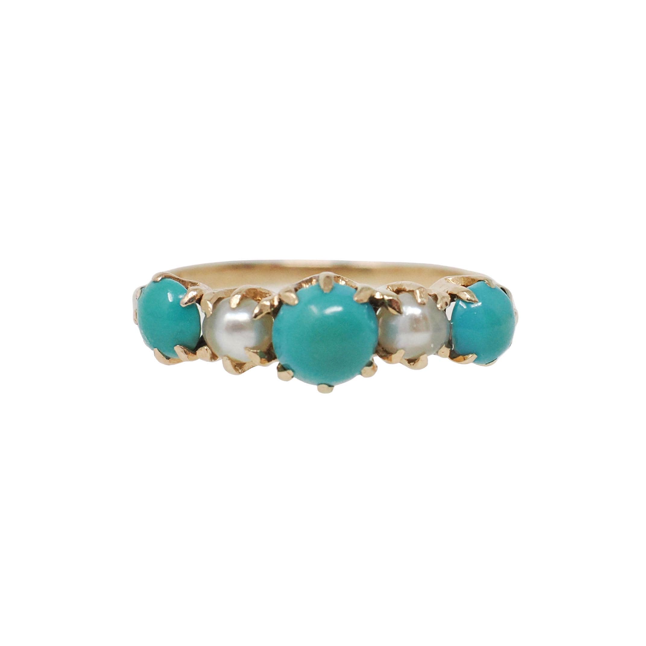 Turquoise & Pearl Ring - Edwardian 14k Yellow Gold Natural Blue Cultured White Gems - Antique Circa 1900s Era Dainty Size 3 3/4 Fine Jewelry