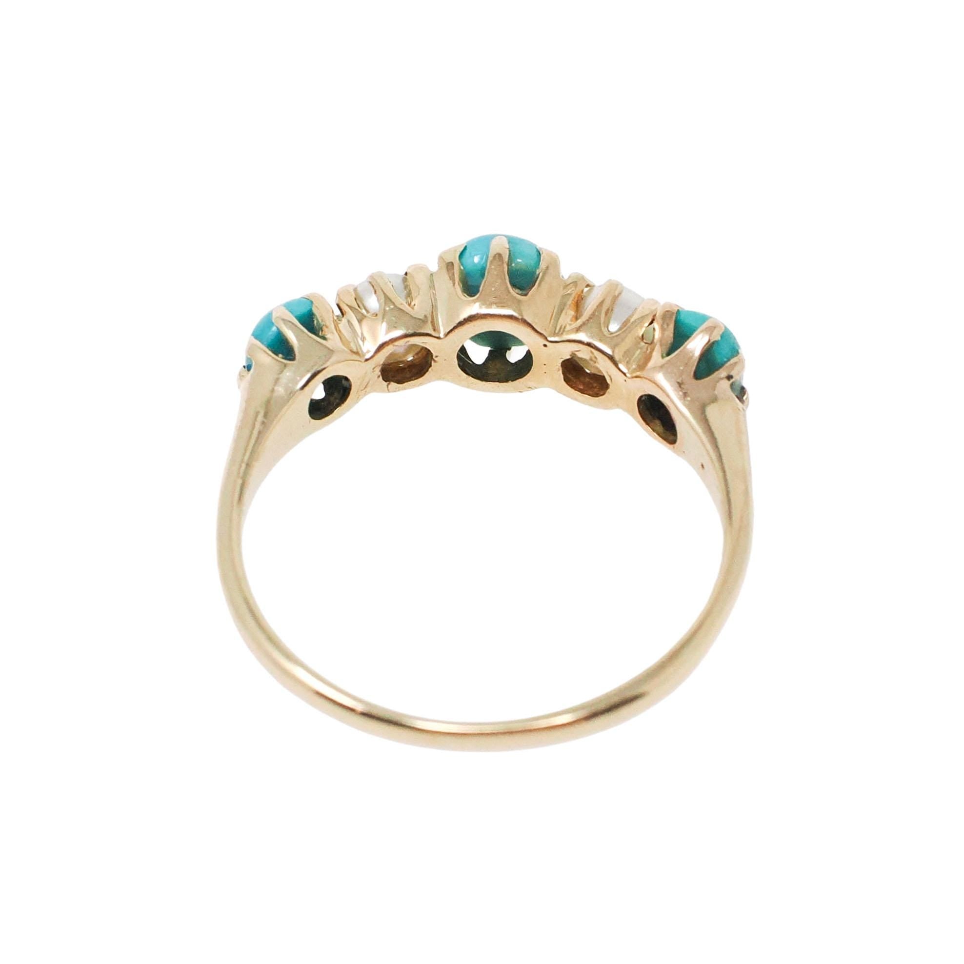 Turquoise & Pearl Ring - Edwardian 14k Yellow Gold Natural Blue Cultured White Gems - Antique Circa 1900s Era Dainty Size 3 3/4 Fine Jewelry