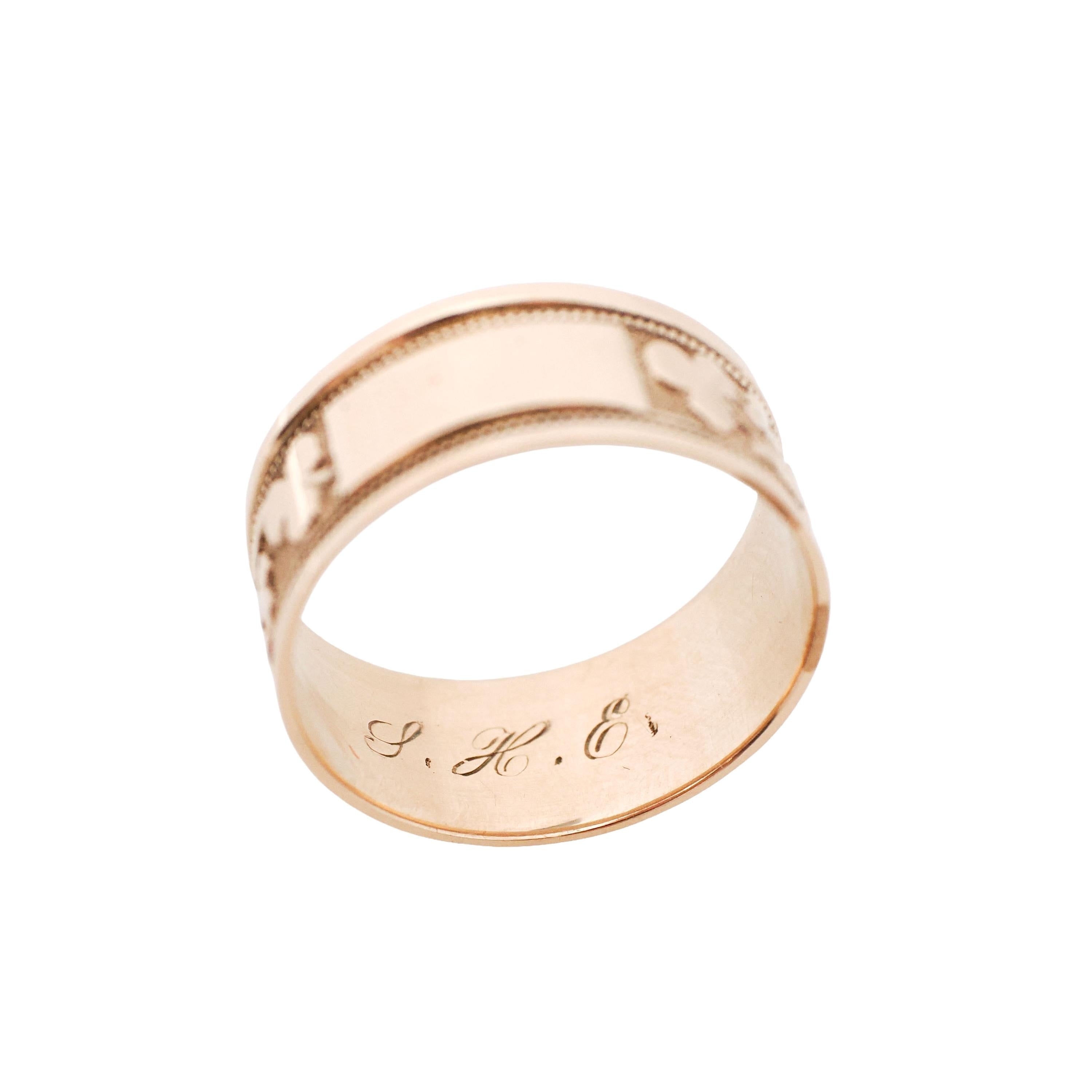 Antique Cigar Band - Edwardian 10k Rosy Yellow Gold Nature Clover Designs Wide Ring - Vintage Circa 1900s Era Size 8 1/4 Unisex Fine Jewelry
