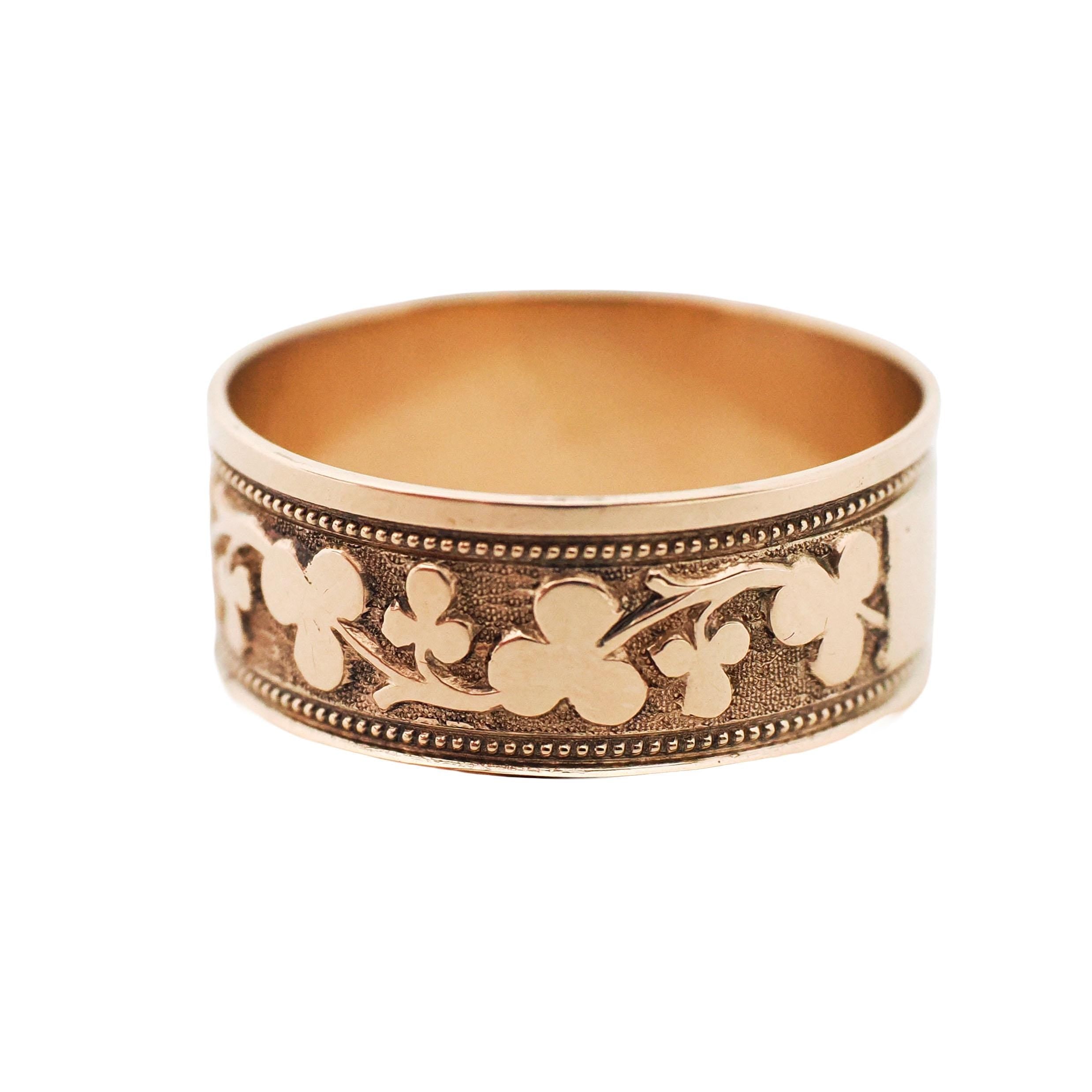Antique Cigar Band - Edwardian 10k Rosy Yellow Gold Nature Clover Designs Wide Ring - Vintage Circa 1900s Era Size 8 1/4 Unisex Fine Jewelry