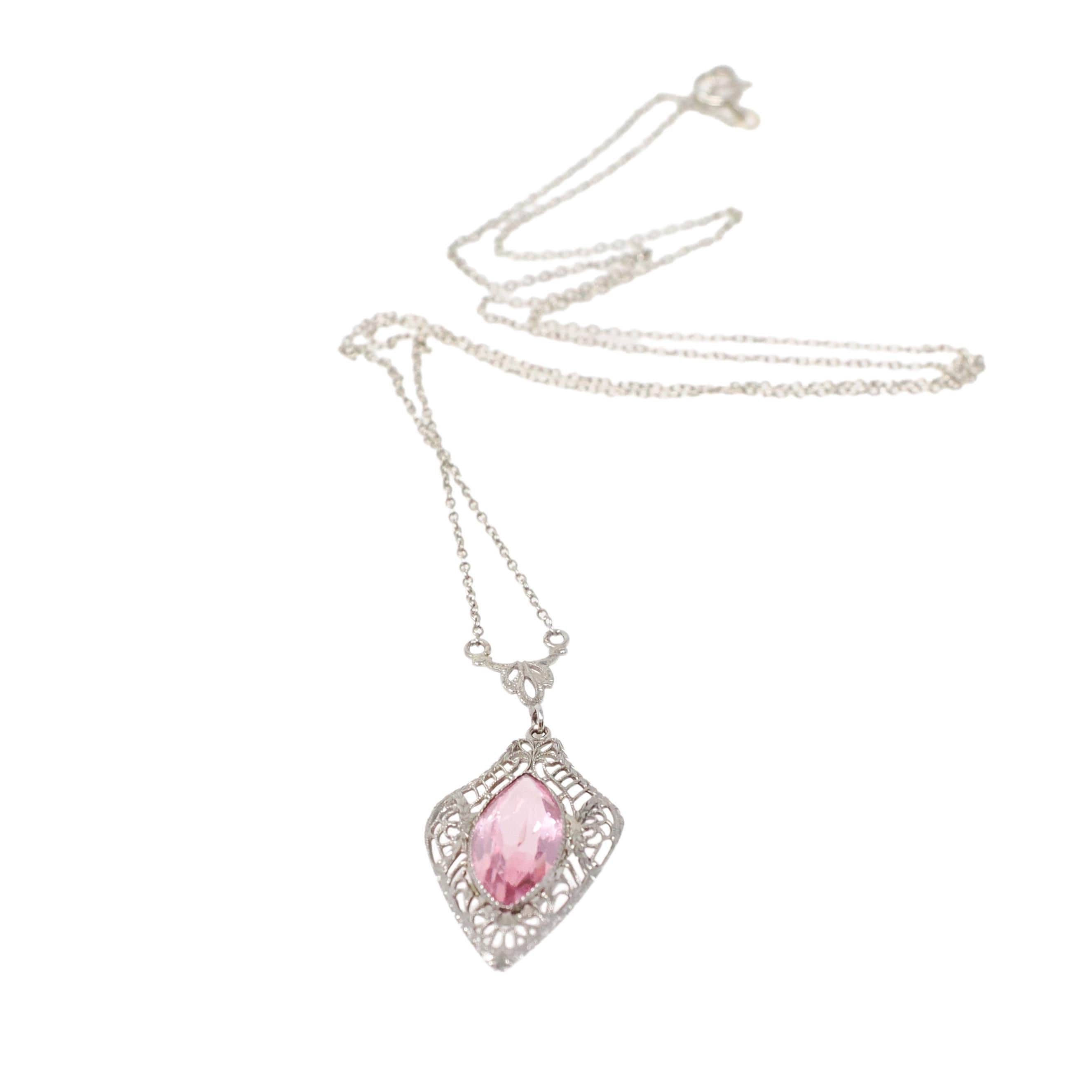 Art Deco Lavalier - Vintage 10k White Gold Simulated Pink Sapphire Necklace Pendant Charm - Circa 1930s Era Glass Marquise Fine 30s Jewelry