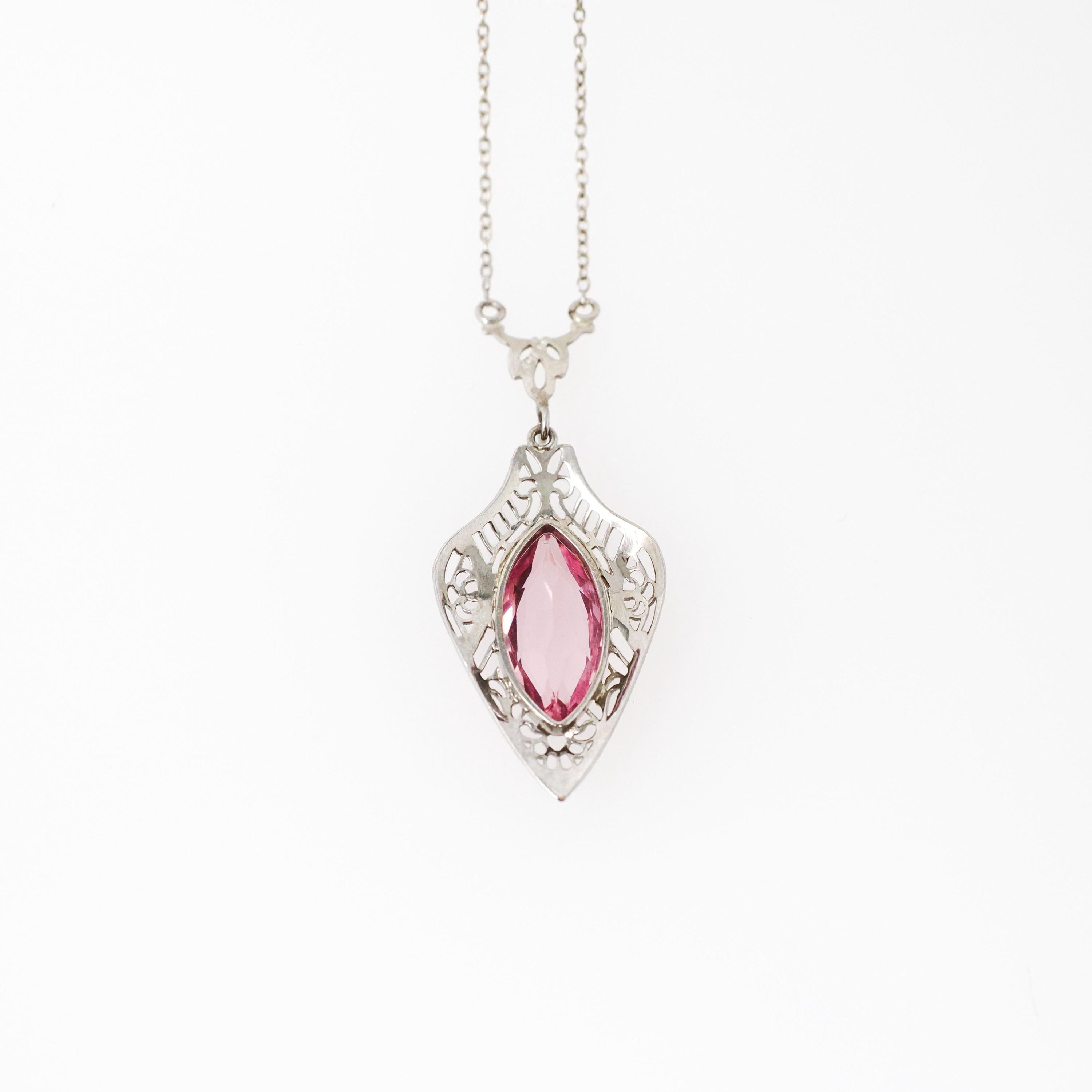 Art Deco Lavalier - Vintage 10k White Gold Simulated Pink Sapphire Necklace Pendant Charm - Circa 1930s Era Glass Marquise Fine 30s Jewelry