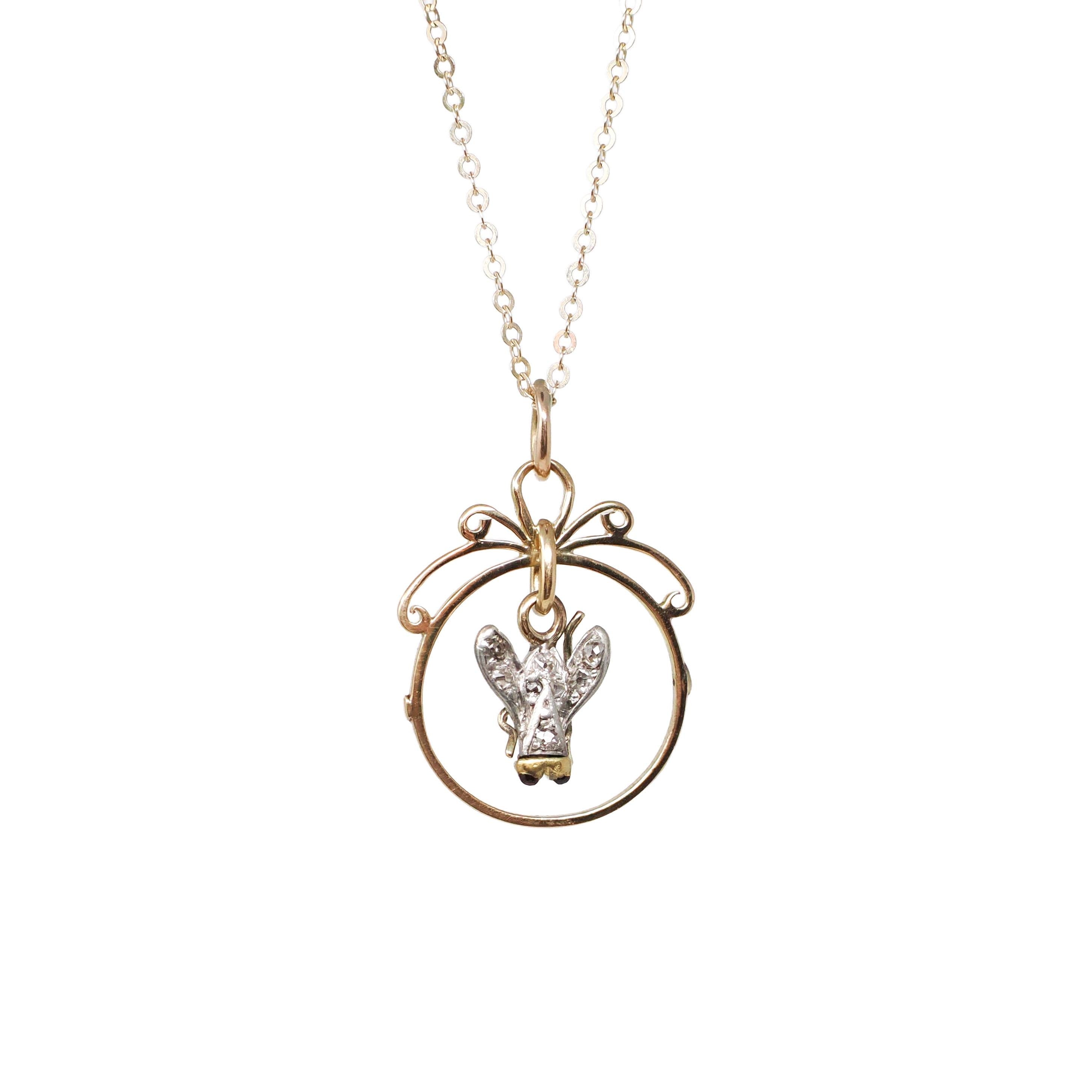 Antique Fly Charm - Georgian Victorian 18k Yellow Gold Sterling Silver Natural Diamonds Garnets Pendant Necklace - 19th Century Era Jewelry