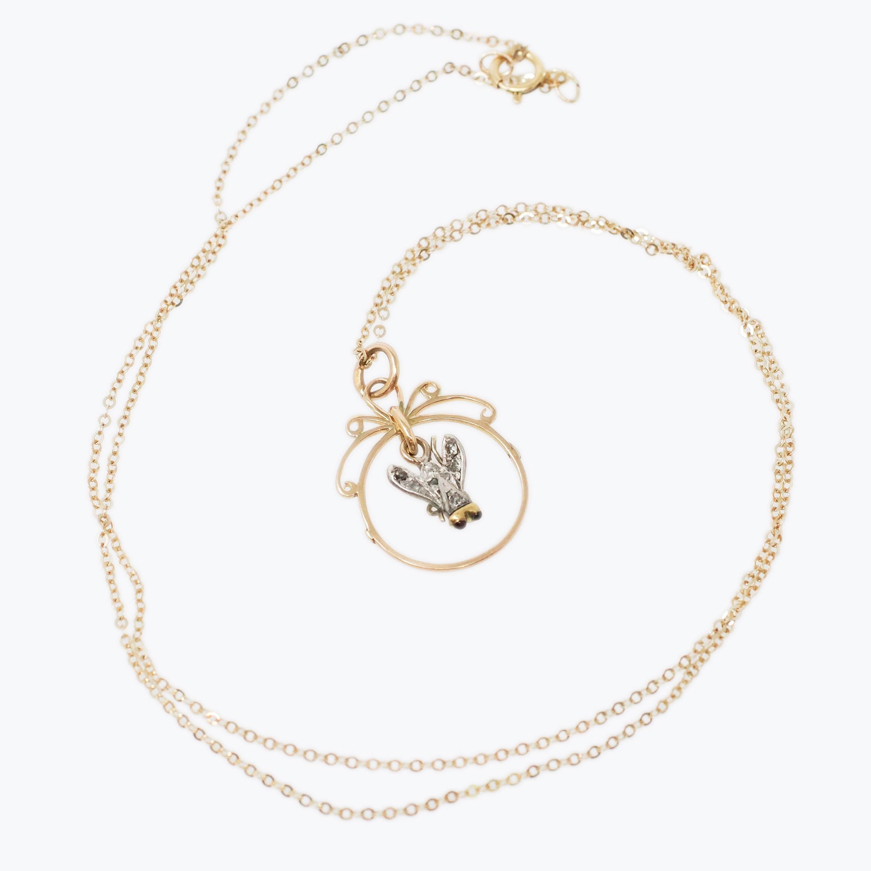 Antique Fly Charm - Georgian Victorian 18k Yellow Gold Sterling Silver Natural Diamonds Garnets Pendant Necklace - 19th Century Era Jewelry