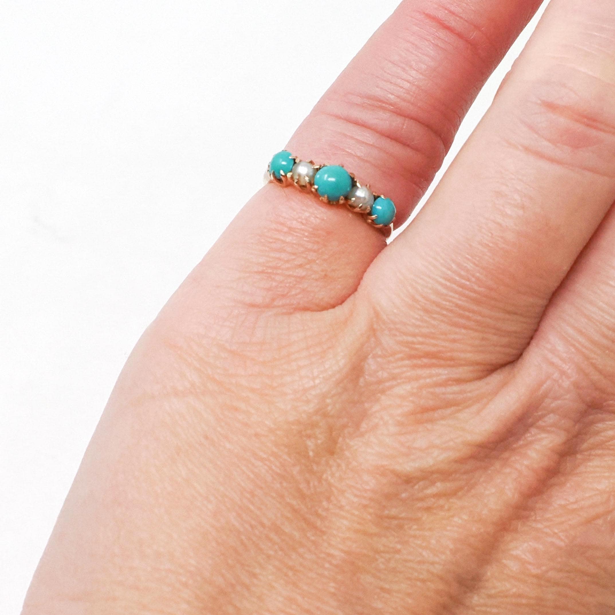 Turquoise & Pearl Ring - Edwardian 14k Yellow Gold Natural Blue Cultured White Gems - Antique Circa 1900s Era Dainty Size 3 3/4 Fine Jewelry