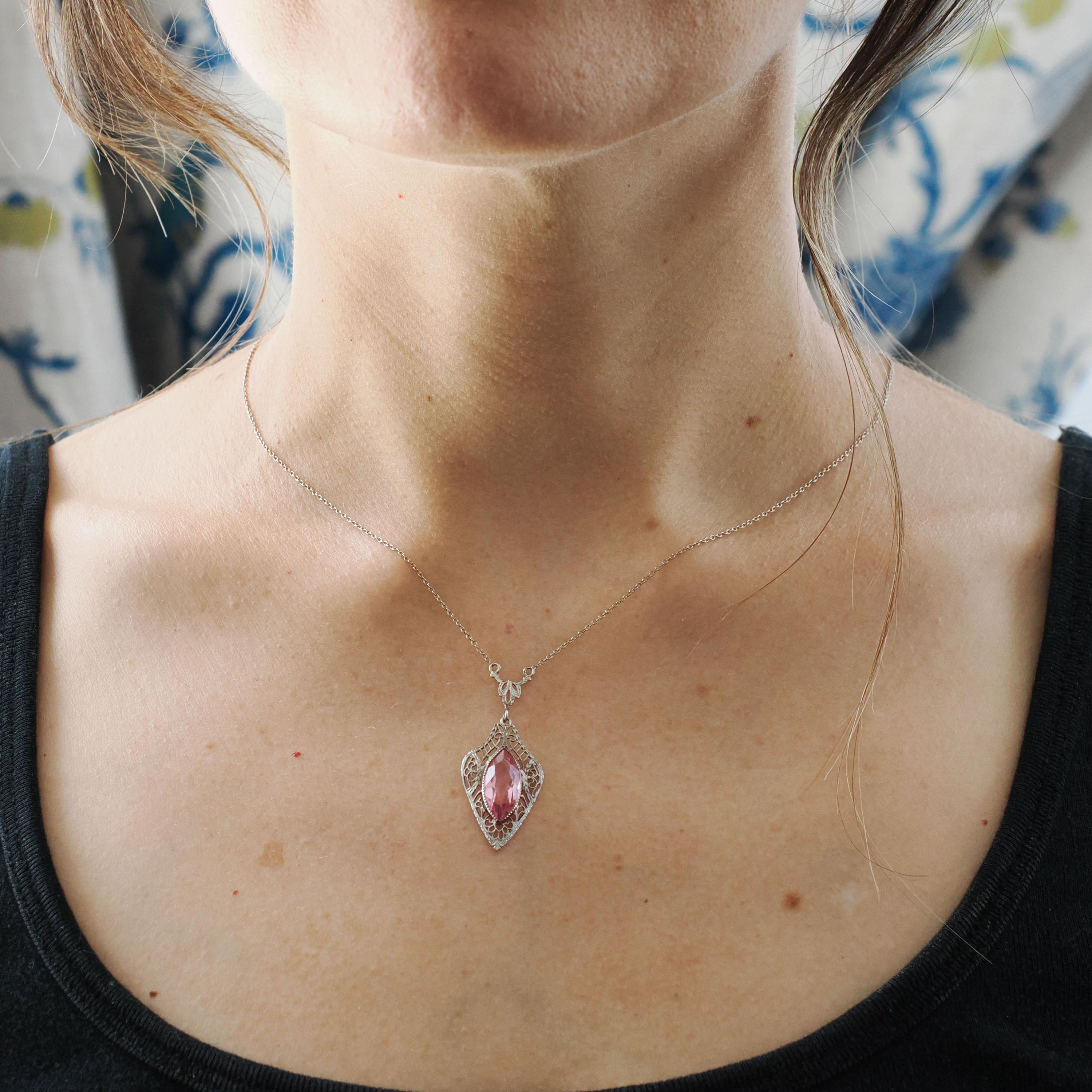 Art Deco Lavalier - Vintage 10k White Gold Simulated Pink Sapphire Necklace Pendant Charm - Circa 1930s Era Glass Marquise Fine 30s Jewelry