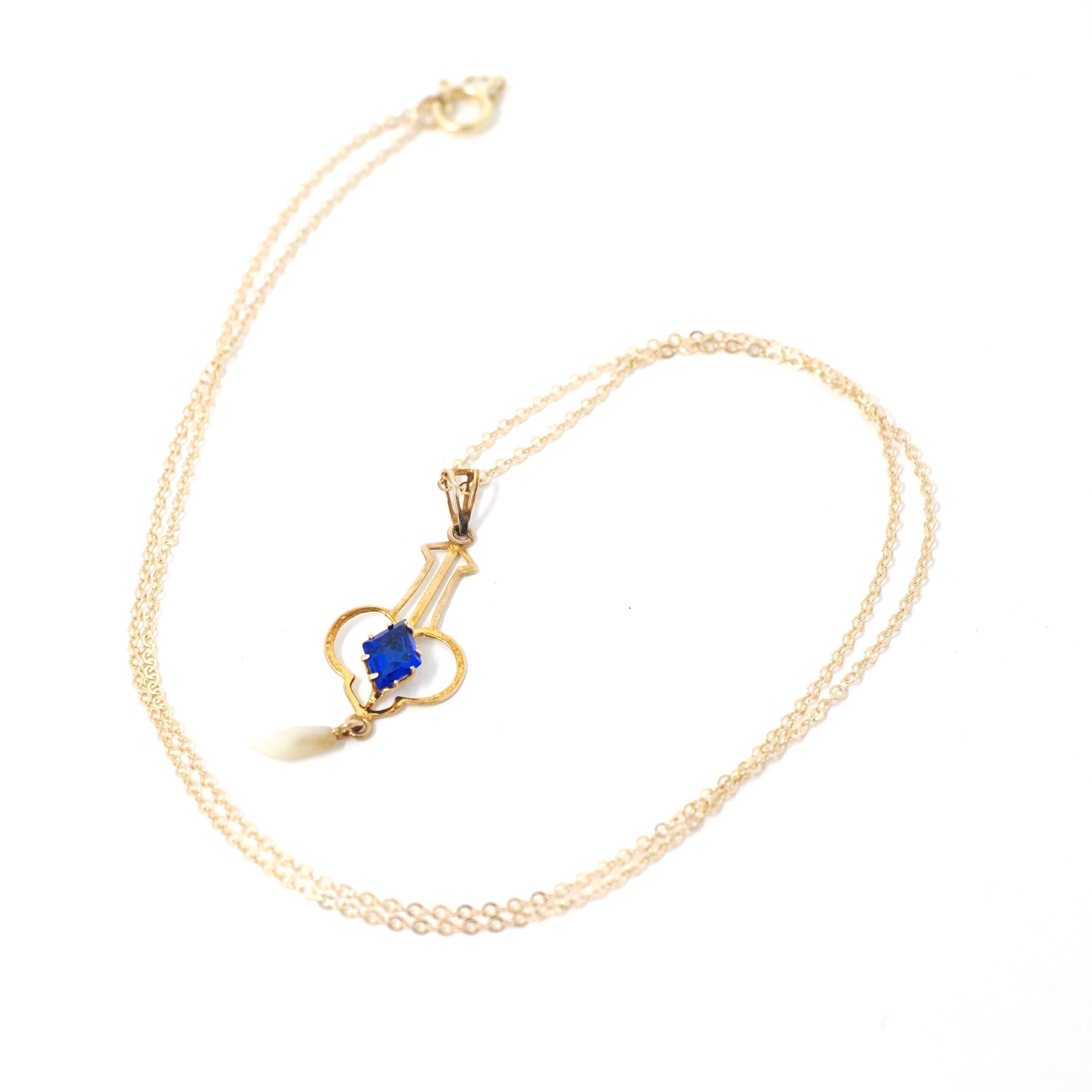 Antique Lavalier Necklace - Edwardian 10k Yellow Gold Baroque Pearl Pendant - Circa 1910s Era Simulated Blue Sapphire Glass Fine Jewelry