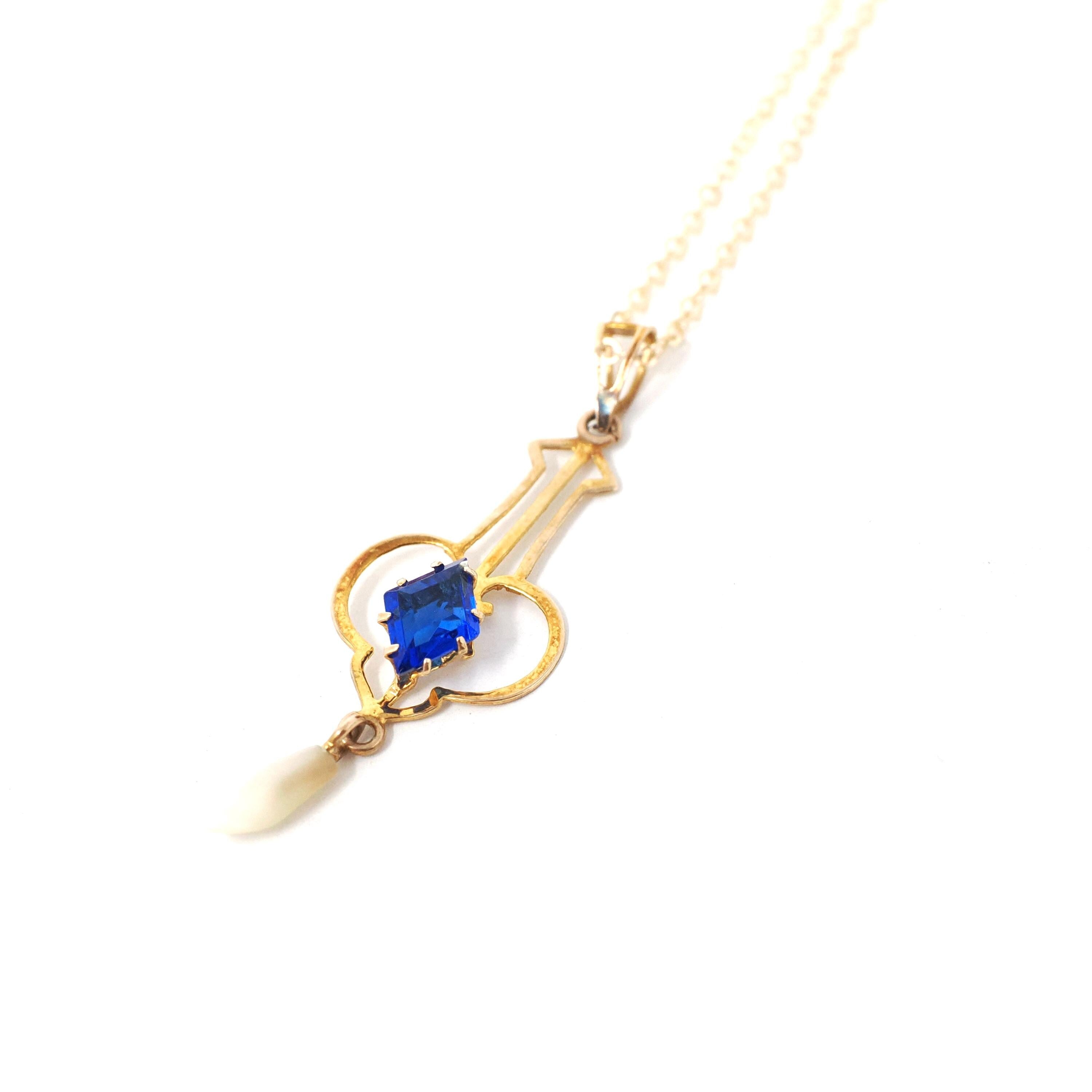 Antique Lavalier Necklace - Edwardian 10k Yellow Gold Baroque Pearl Pendant - Circa 1910s Era Simulated Blue Sapphire Glass Fine Jewelry