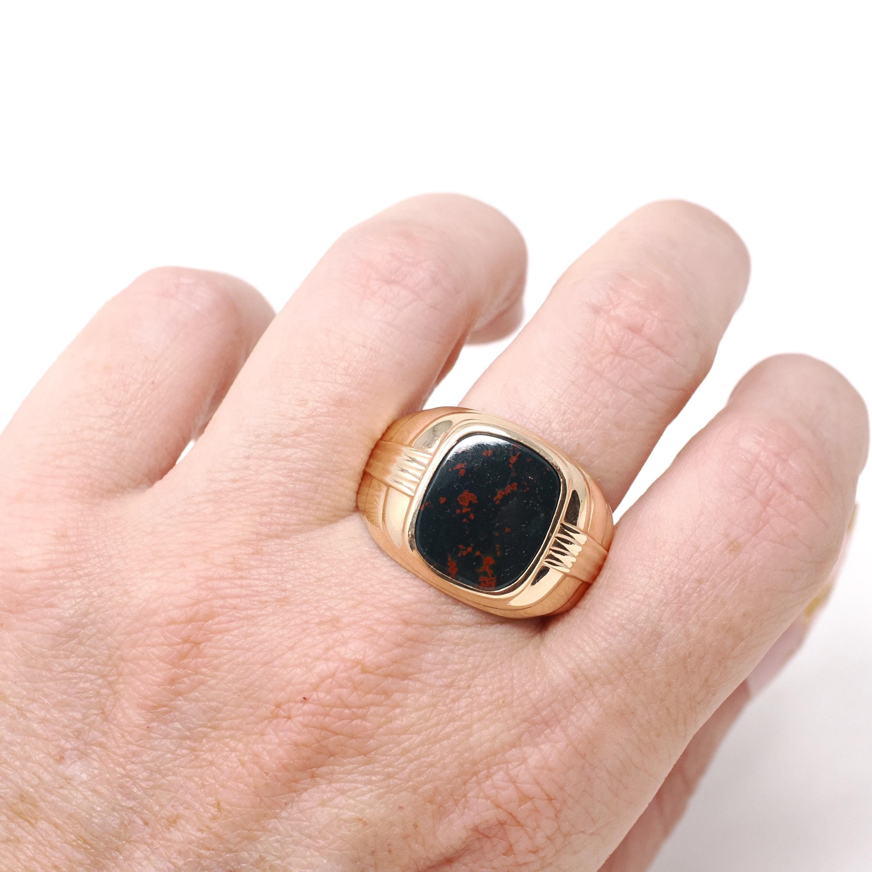 Vintage Bloodstone Ring - Mid Century 10k Yellow Gold Dark Green Oxblood Red Gemstone - Circa 1950s Size 12 1/2 Men's Unisex Fine Jewelry