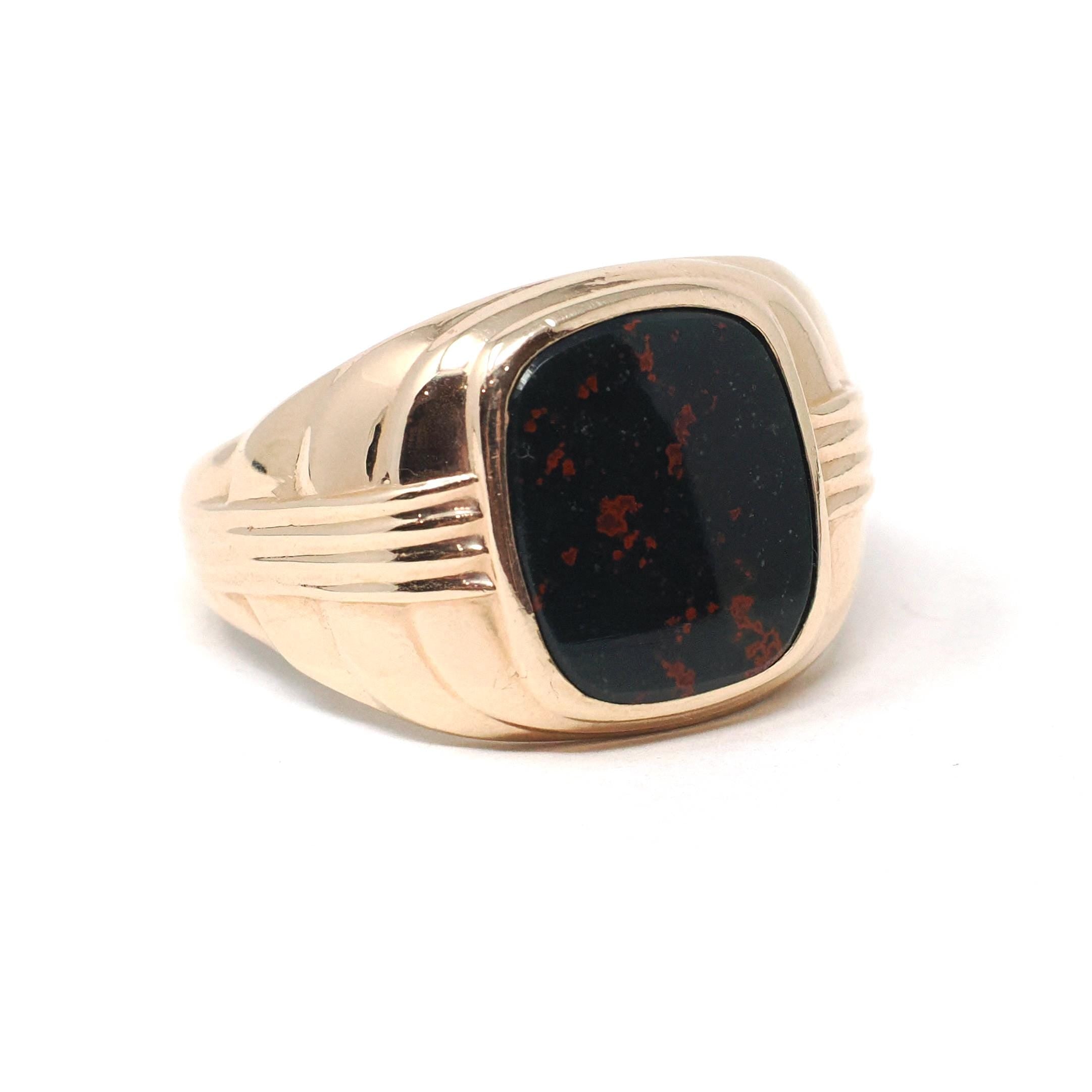 Vintage Bloodstone Ring - Mid Century 10k Yellow Gold Dark Green Oxblood Red Gemstone - Circa 1950s Size 12 1/2 Men's Unisex Fine Jewelry