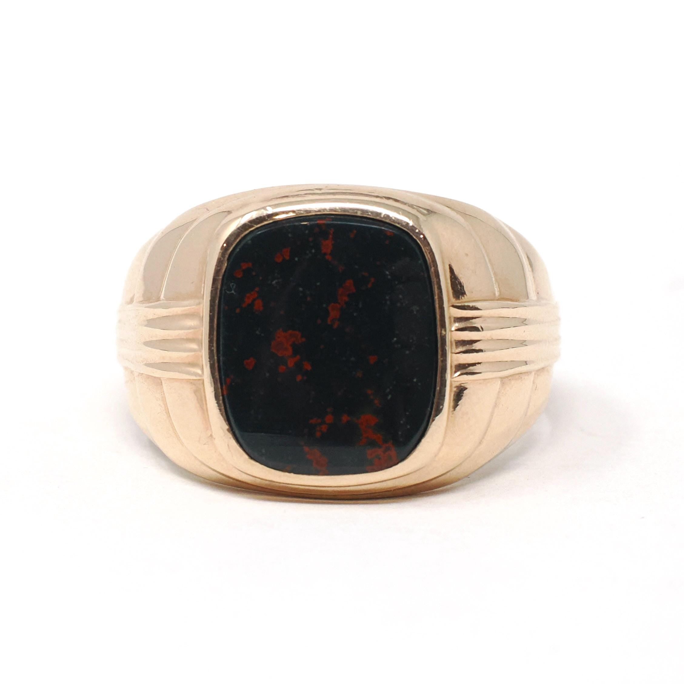 Vintage Bloodstone Ring - Mid Century 10k Yellow Gold Dark Green Oxblood Red Gemstone - Circa 1950s Size 12 1/2 Men's Unisex Fine Jewelry