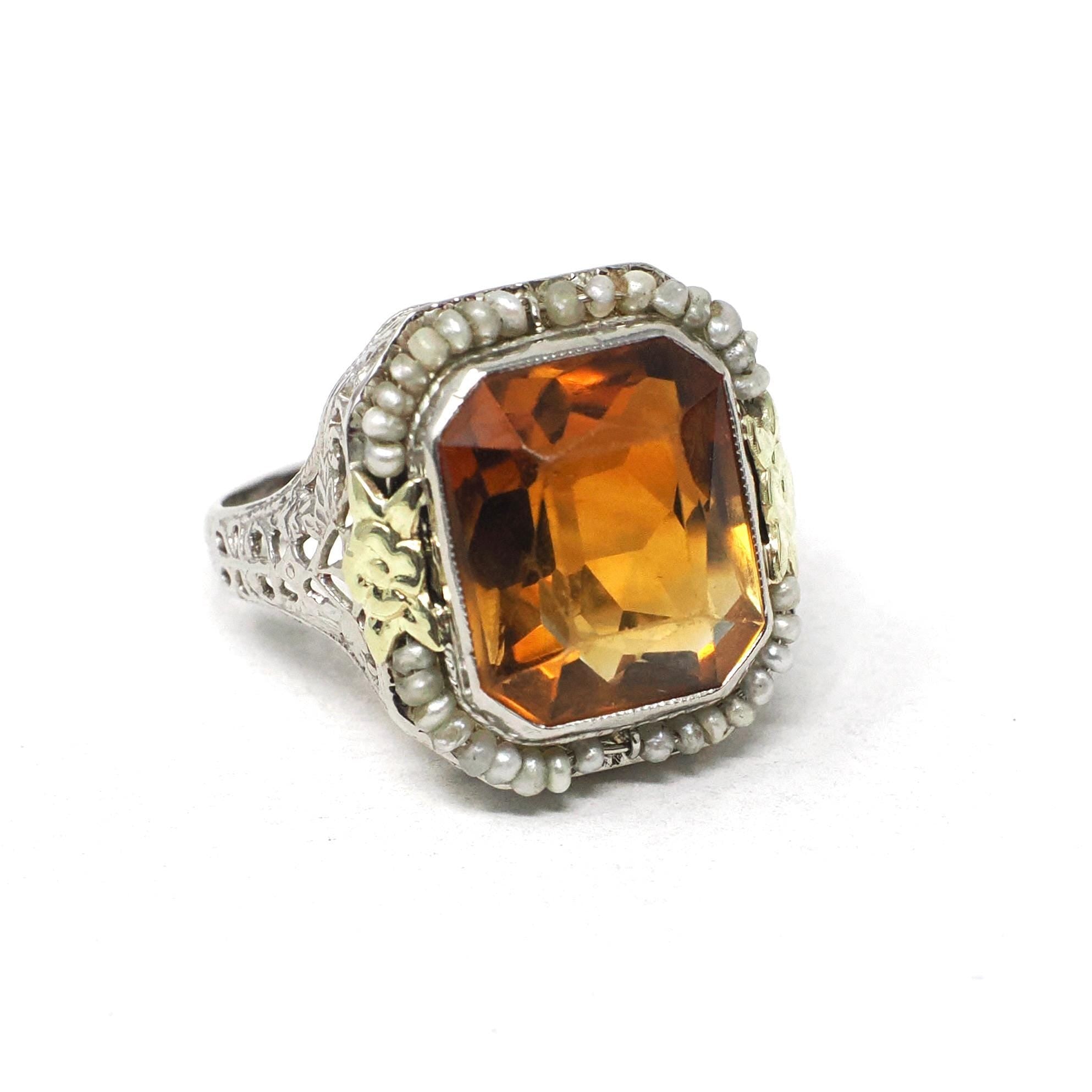 Art Deco Citrine Ring - Vintage 14k White Gold Natural Orange Gemstone Seed Pearl Halo - Circa 1930s Era Size 6 1/4 Cocktail Fine Jewelry