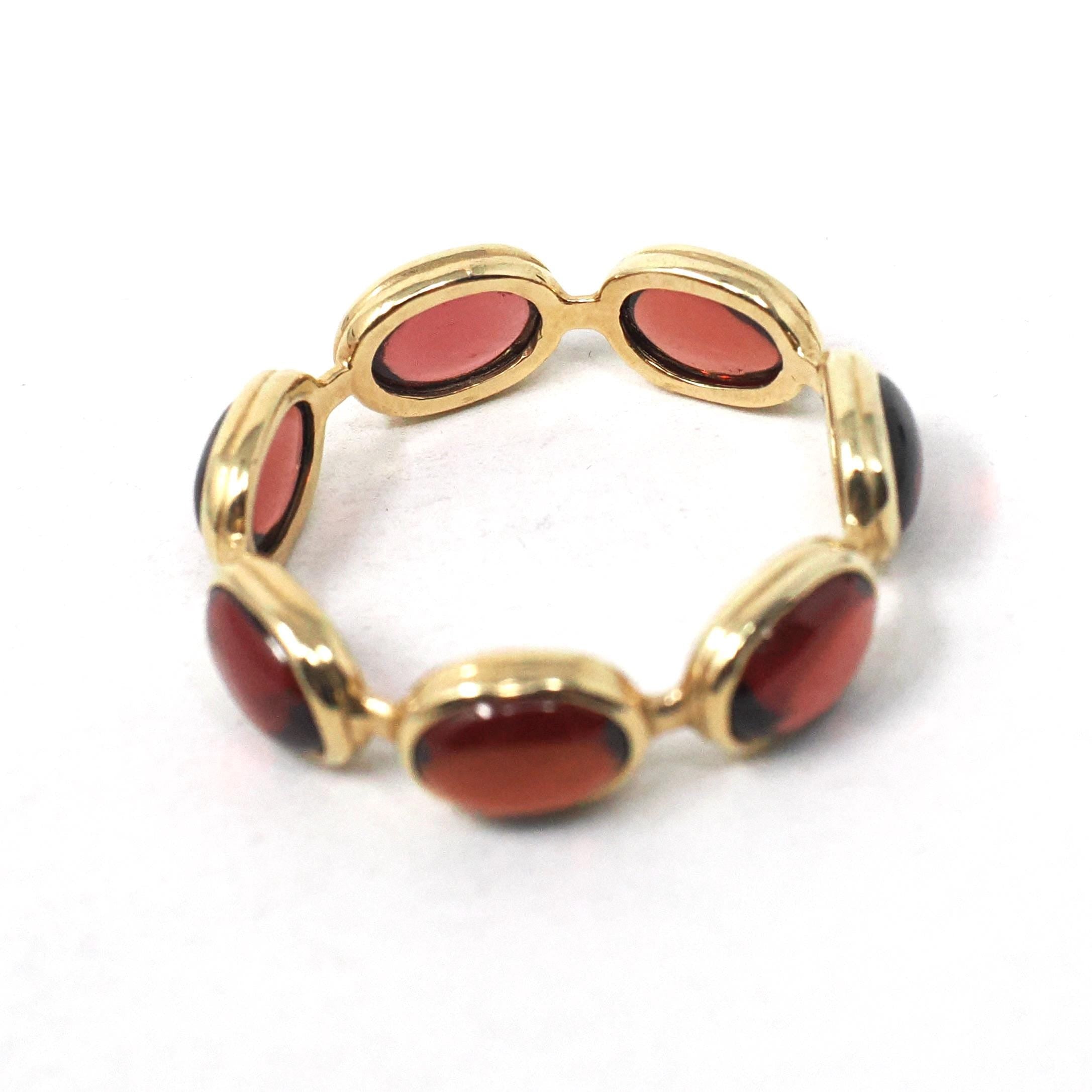 Garnet Eternity Ring - Estate 14k Yellow Gold Natural Red Oval Cabochon Gemstones - Modern Circa 2000s Era Size 8 January Birthstone Jewelry