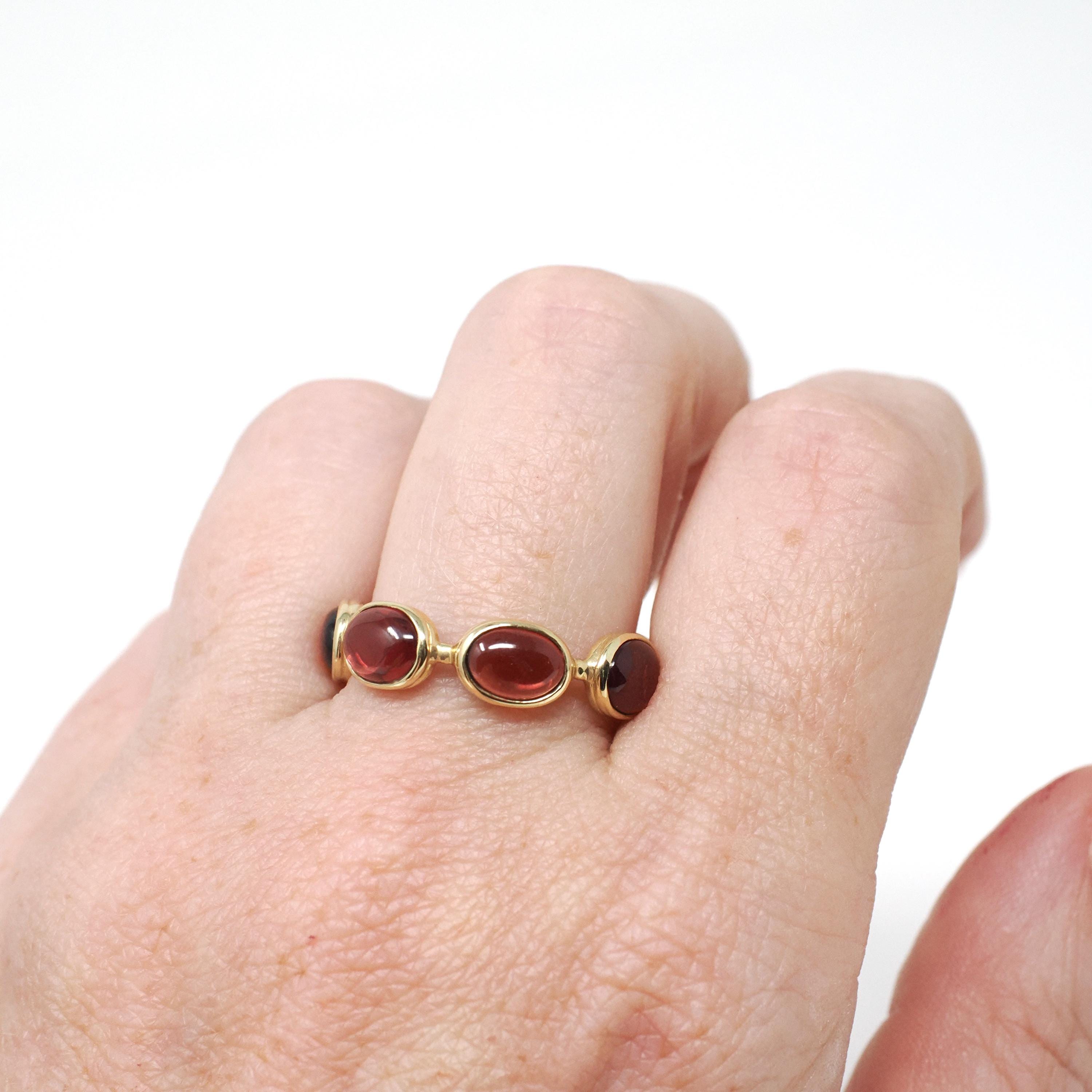 Garnet Eternity Ring - Estate 14k Yellow Gold Natural Red Oval Cabochon Gemstones - Modern Circa 2000s Era Size 8 January Birthstone Jewelry