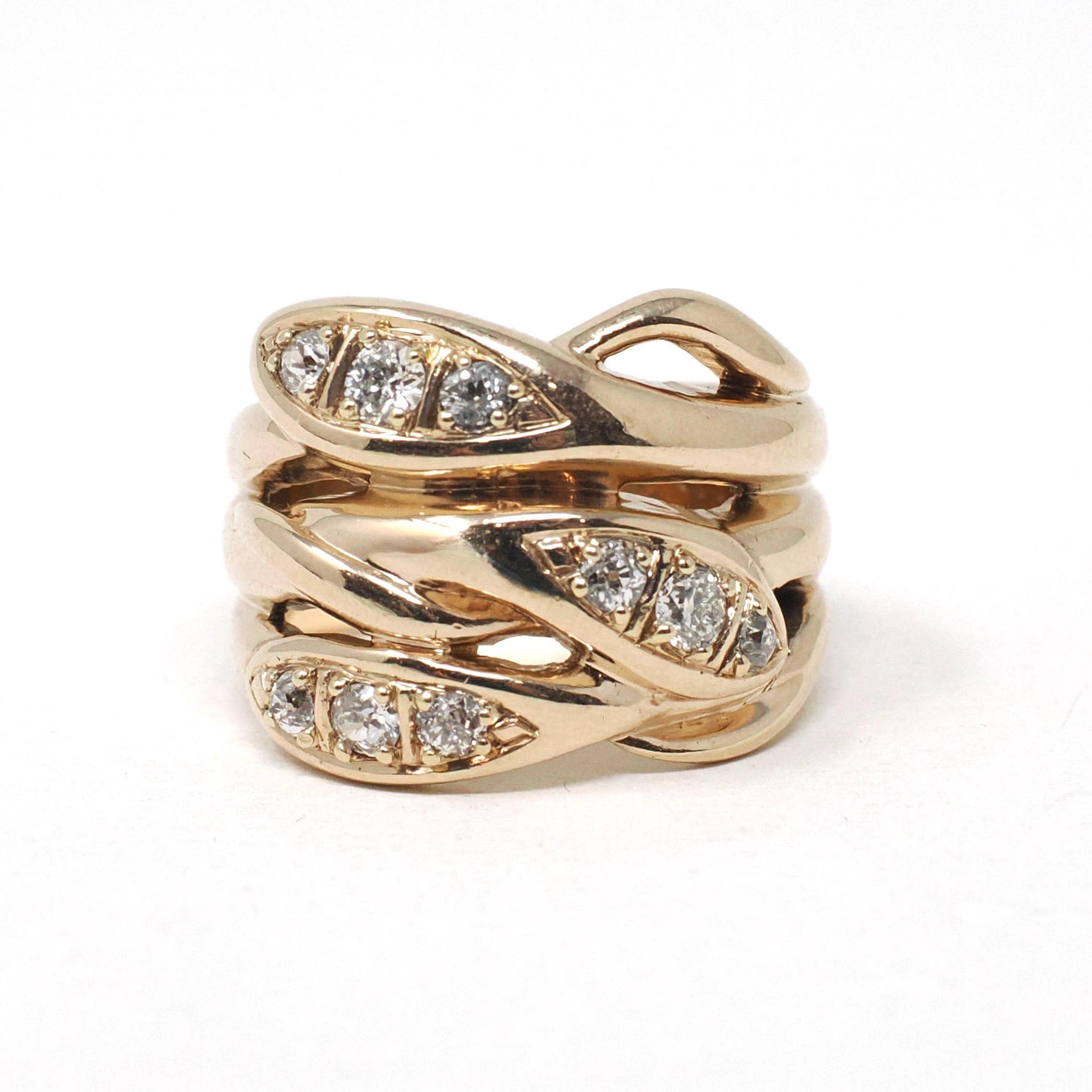 Antique Triple Snake Ring - Edwardian Era 10k Yellow Gold Three Serpent .53 CTW Old European Diamonds - Circa 1910s Size 6 1/2 Fine Jewelry