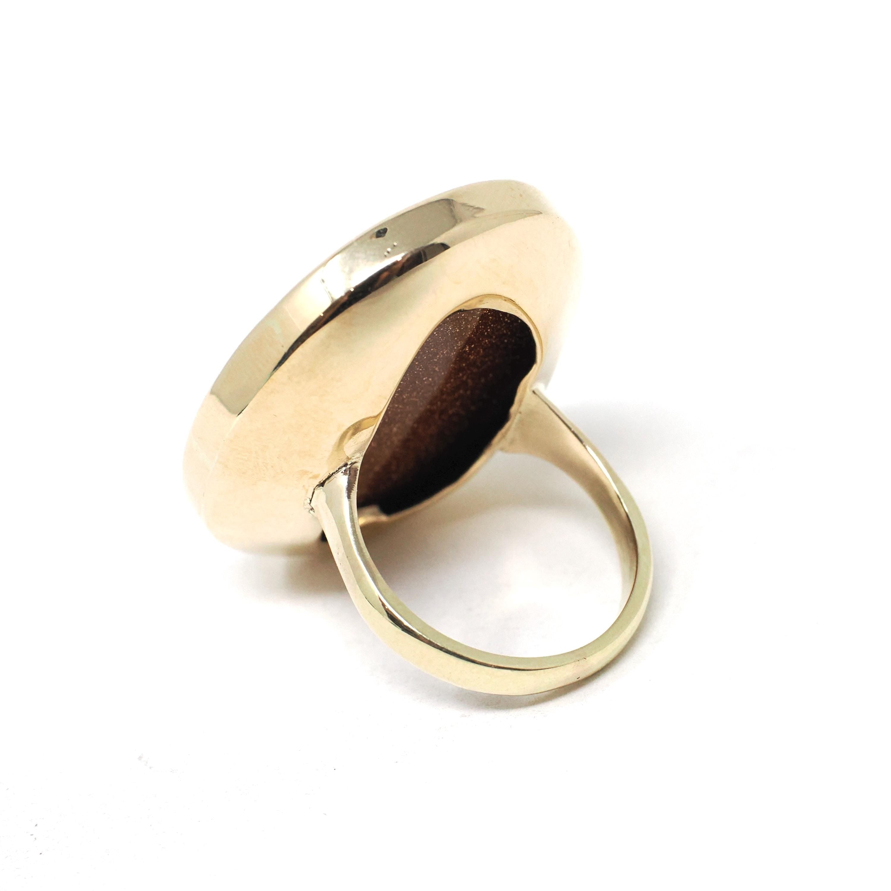 Retro Goldstone Ring - Vintage 10k Yellow Gold Bezel Set Oval Glittering Orange Solitaire Statement - Circa 1960s Era Size 6.25 Fine Jewelry