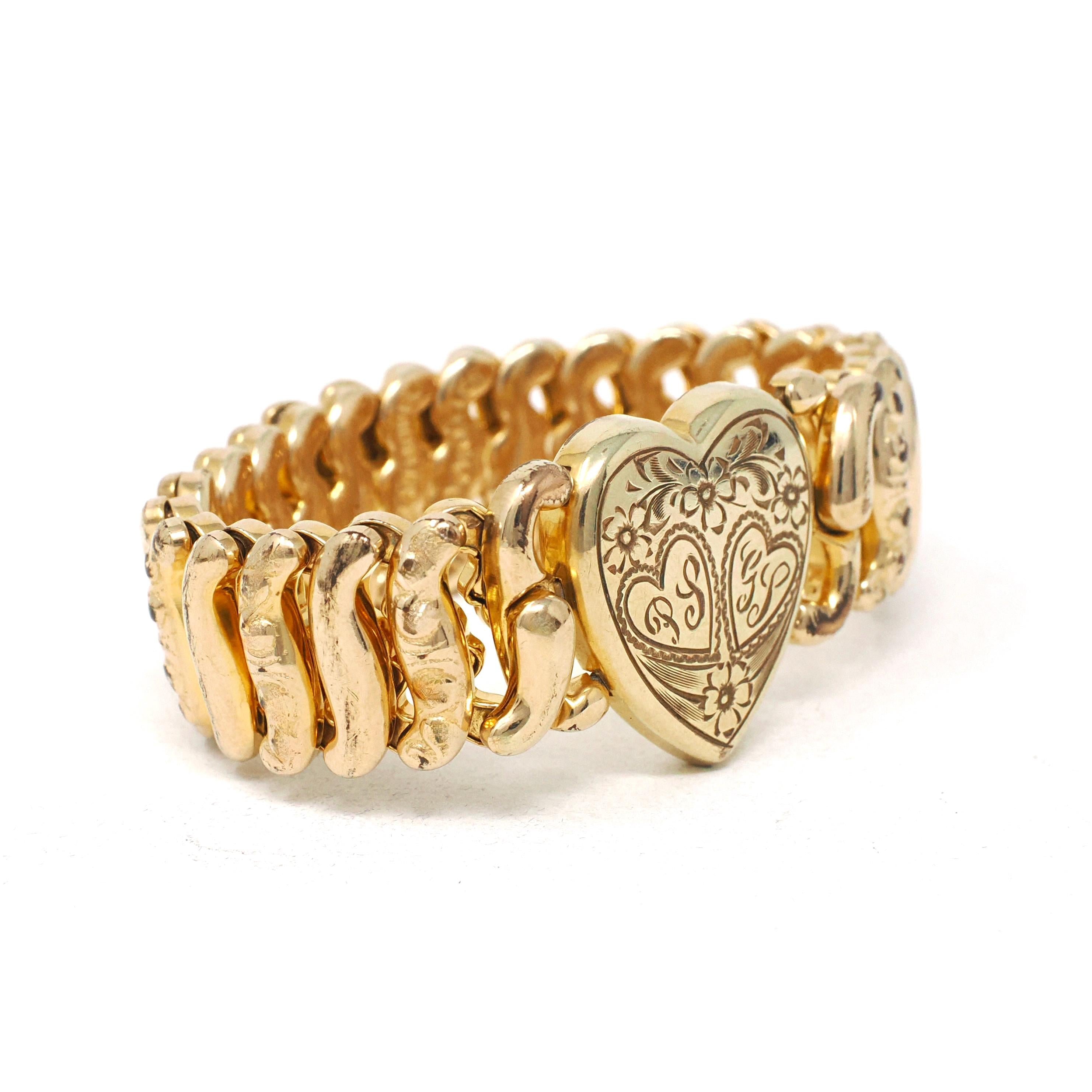 Vintage Expansion Bracelet - Mid Century Gold Filled Heart Engraved Flower Stretch - Circa 1940s Era American Queen Pitman & Keeler Jewelry