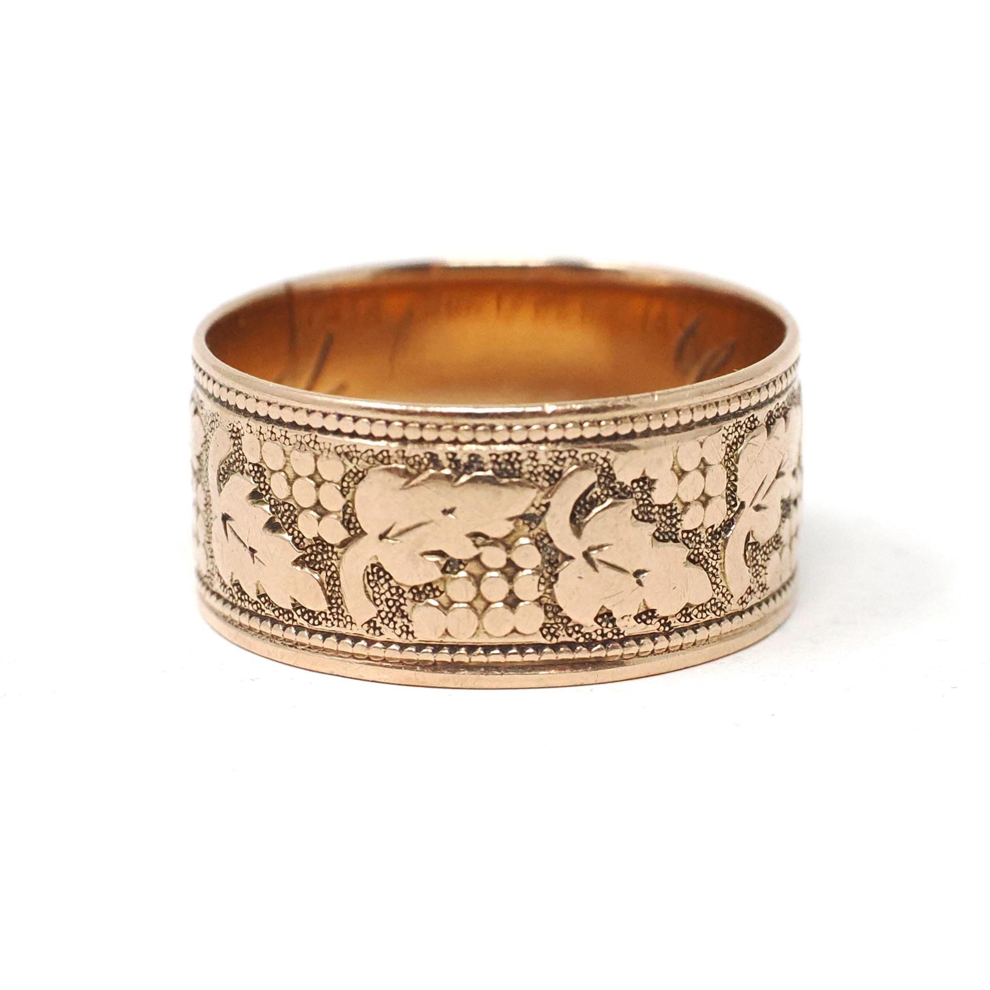 Antique Cigar Band - Victorian Era 10k Rose Gold Engraved Dot & Leaf Designs Ring - Dated 1874 Size 5 1/2 Unisex Wide Wedding Fine Jewelry