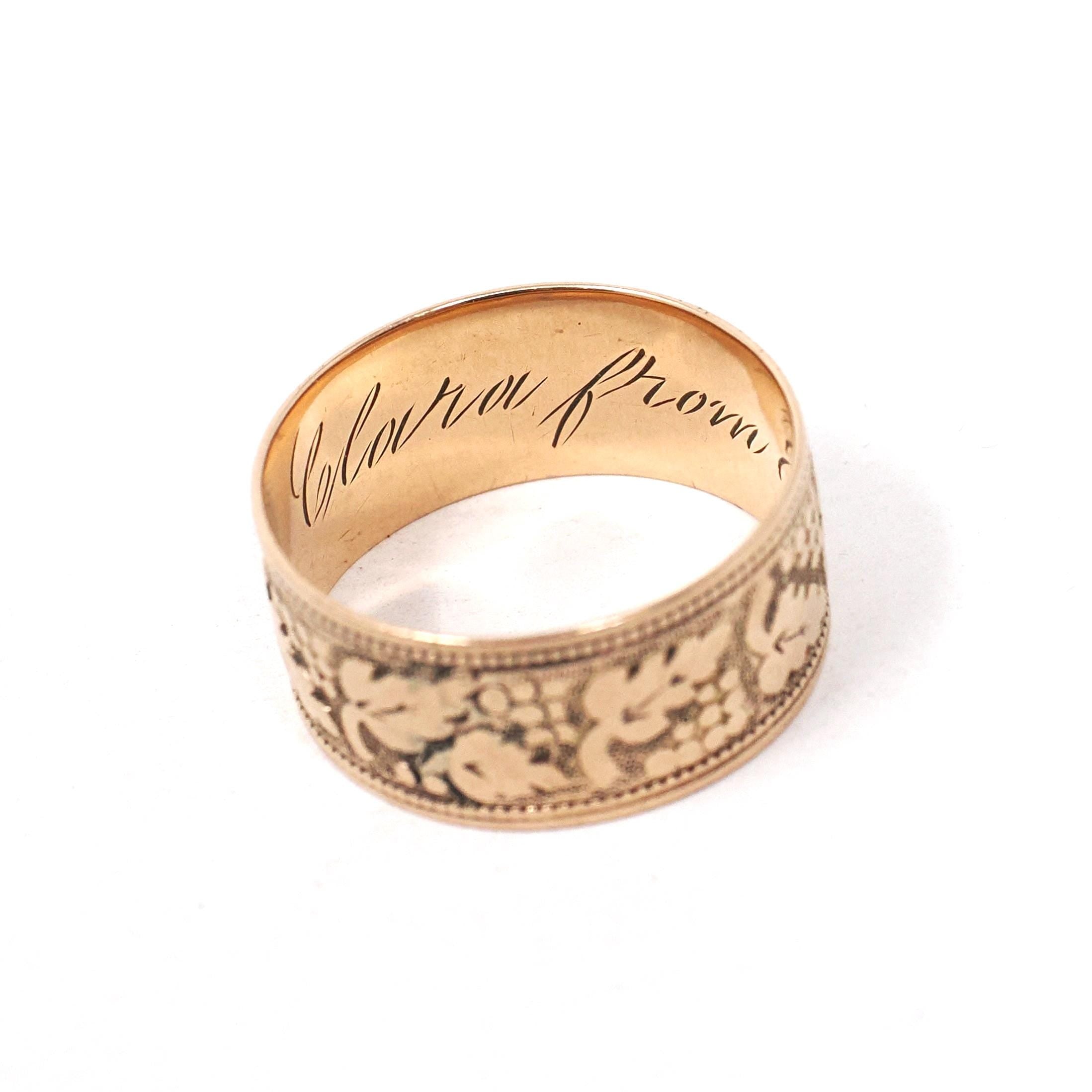Antique Cigar Band - Victorian Era 10k Rose Gold Engraved Dot & Leaf Designs Ring - Dated 1874 Size 5 1/2 Unisex Wide Wedding Fine Jewelry