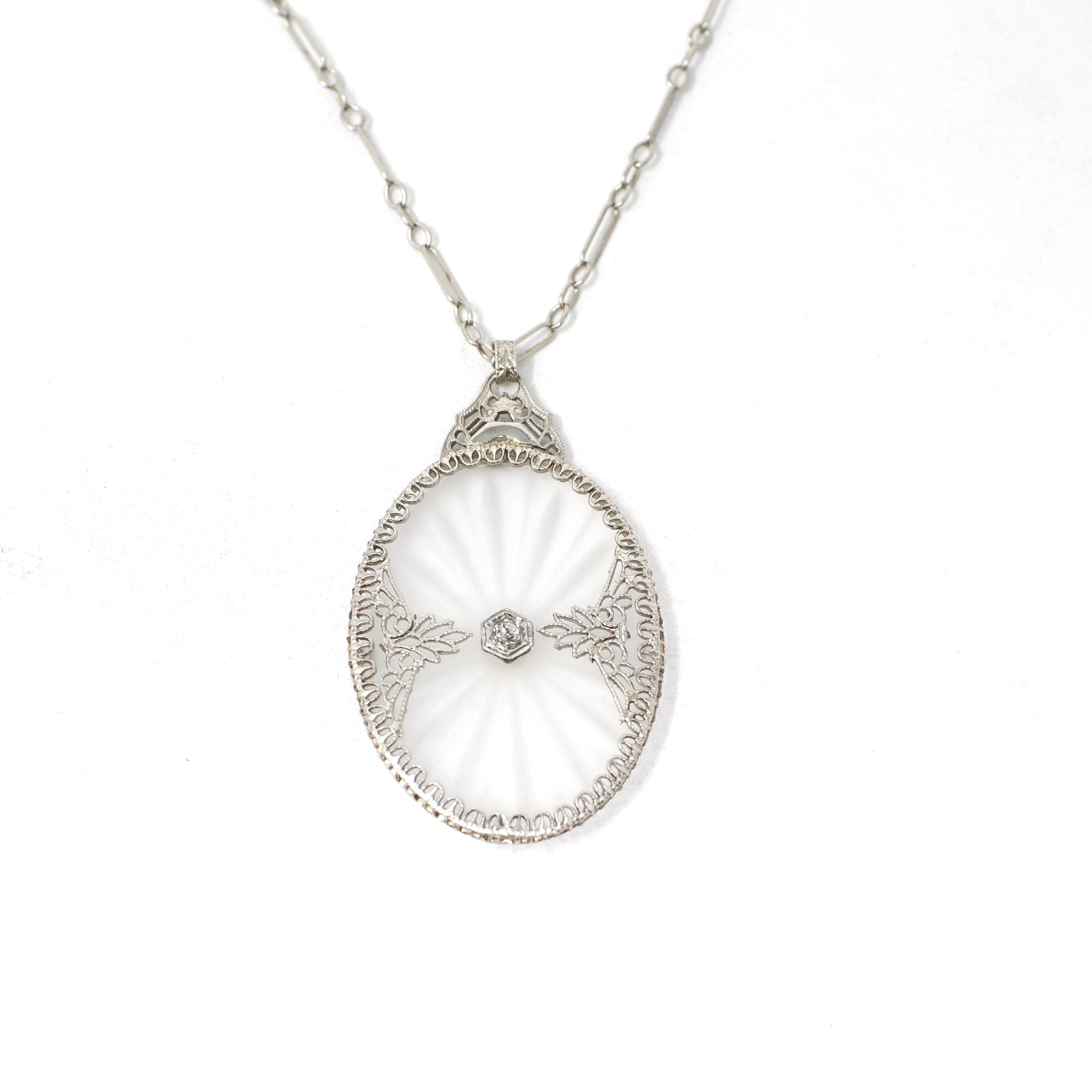 Rock Crystal Quartz Necklace - Art Deco 14k White Gold Oval Natural Diamond Pendant - Antique Circa 1930s Statement Filigree Fine Jewelry