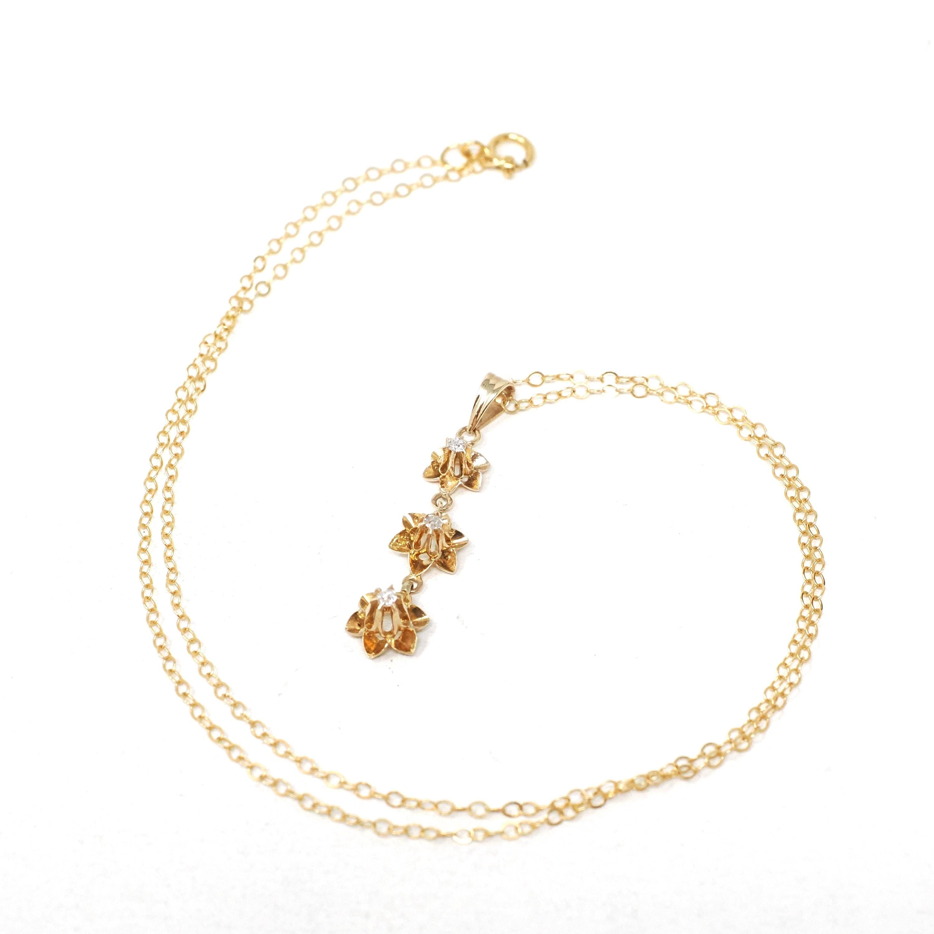 Antique Diamond Flower Pendant - Edwardian 10k Yellow Gold .04 CTW Buttercup Lavalier Drop Necklace - Circa 1910s Fine Floral Jewelry