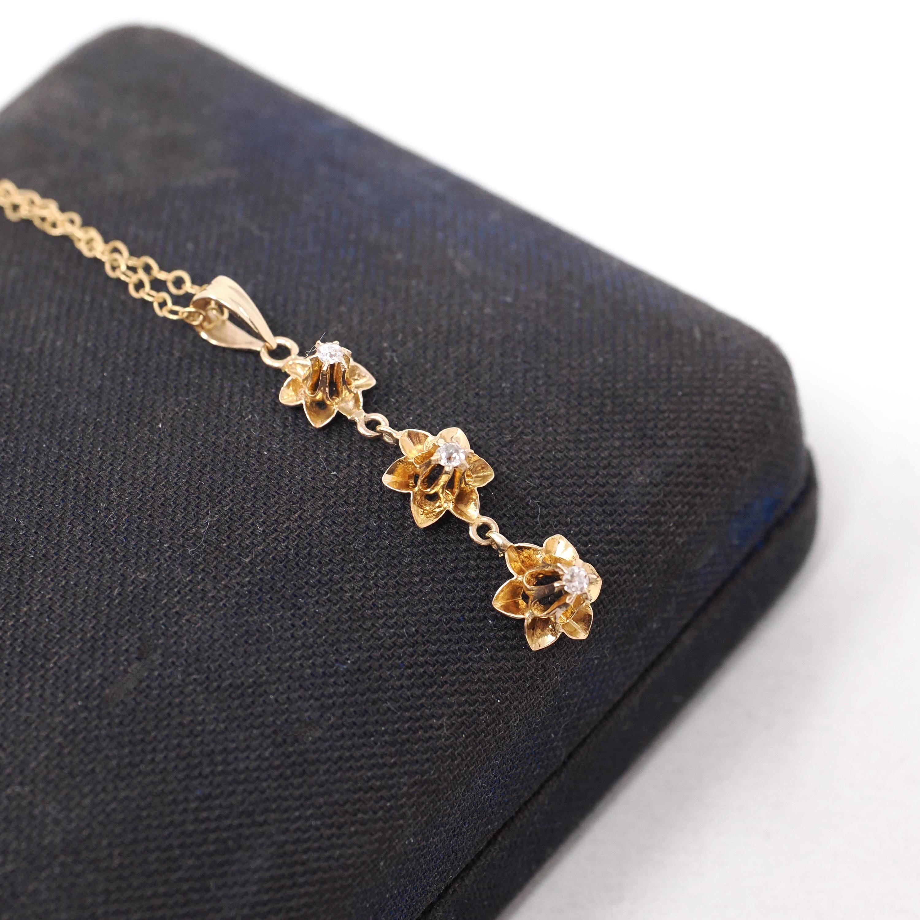 Antique Diamond Flower Pendant - Edwardian 10k Yellow Gold .04 CTW Buttercup Lavalier Drop Necklace - Circa 1910s Fine Floral Jewelry