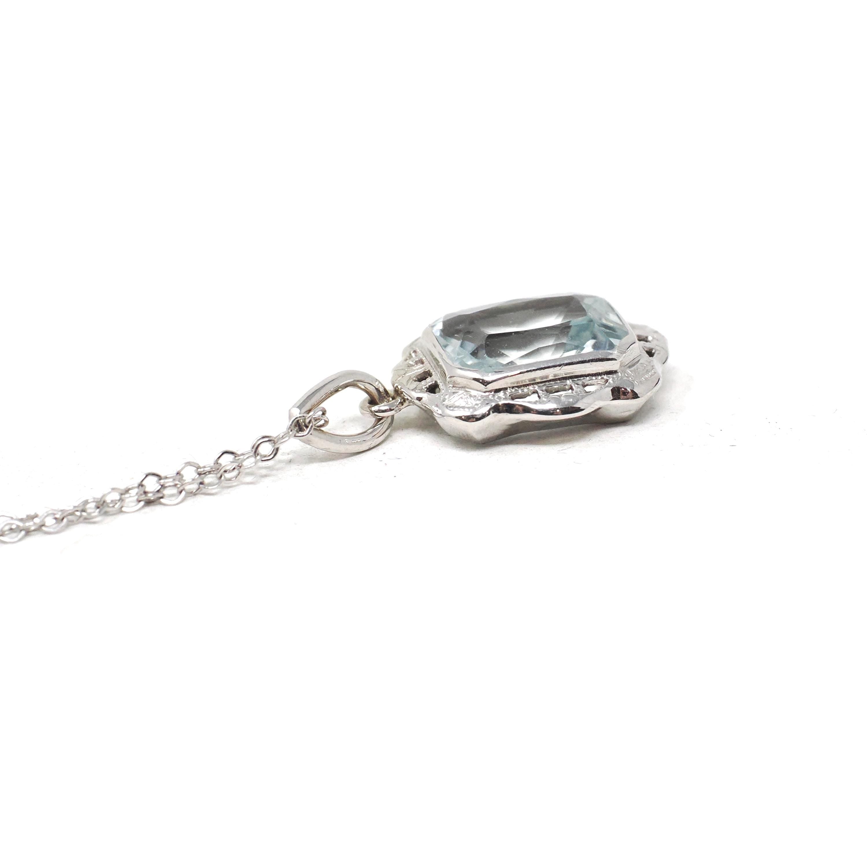 Vintage Aquamarine Pendant - Art Deco Era 10k White Gold Natural Blue Gem Conversion Charm Necklace - Circa 1930s Era Fine Filigree Jewelry