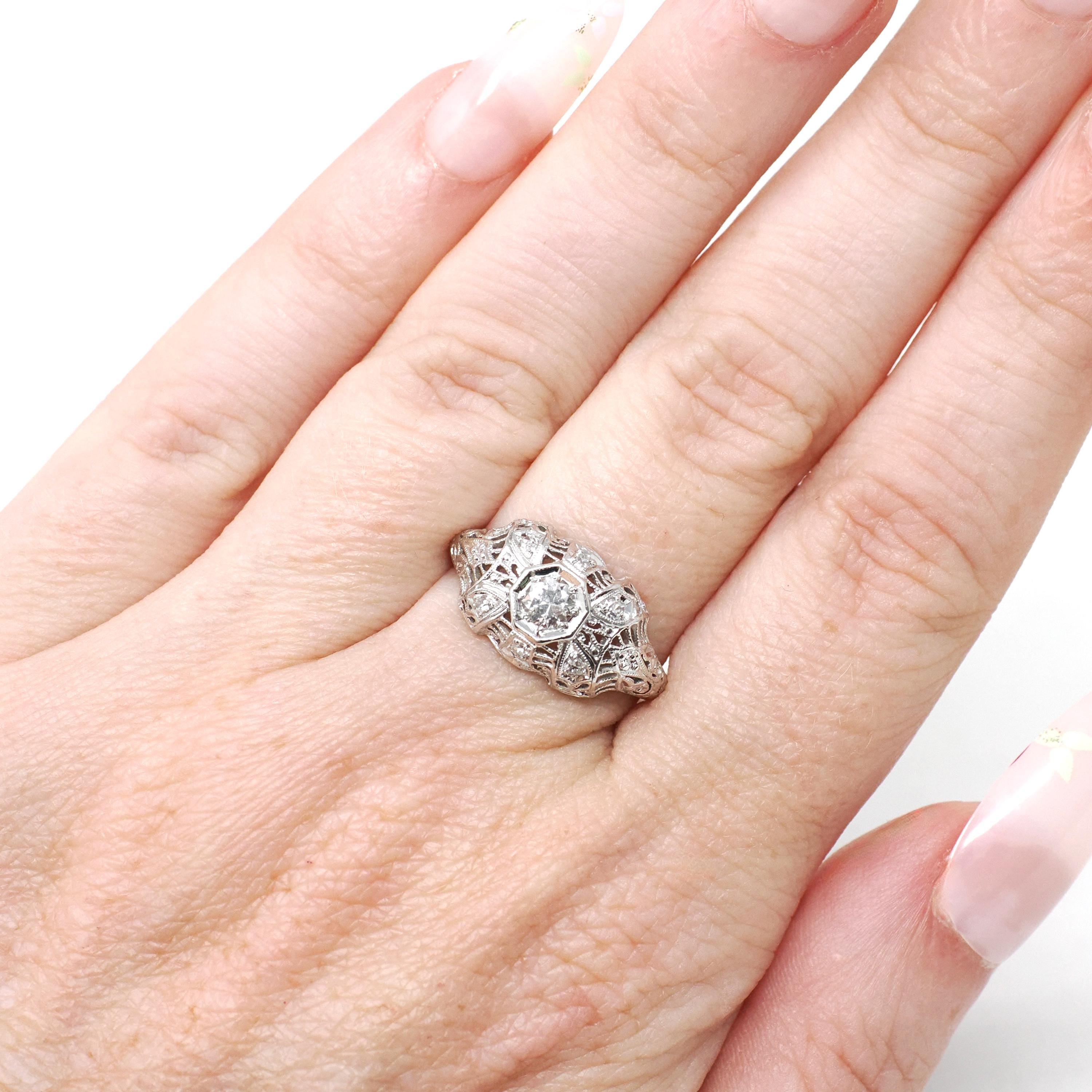 Art Deco Diamond Ring - Vintage 19k White Gold .25 CTW Filigree Engagement - Circa 1930s Era Bridal Size 5 3/4 Octagonal Fine Jewelry