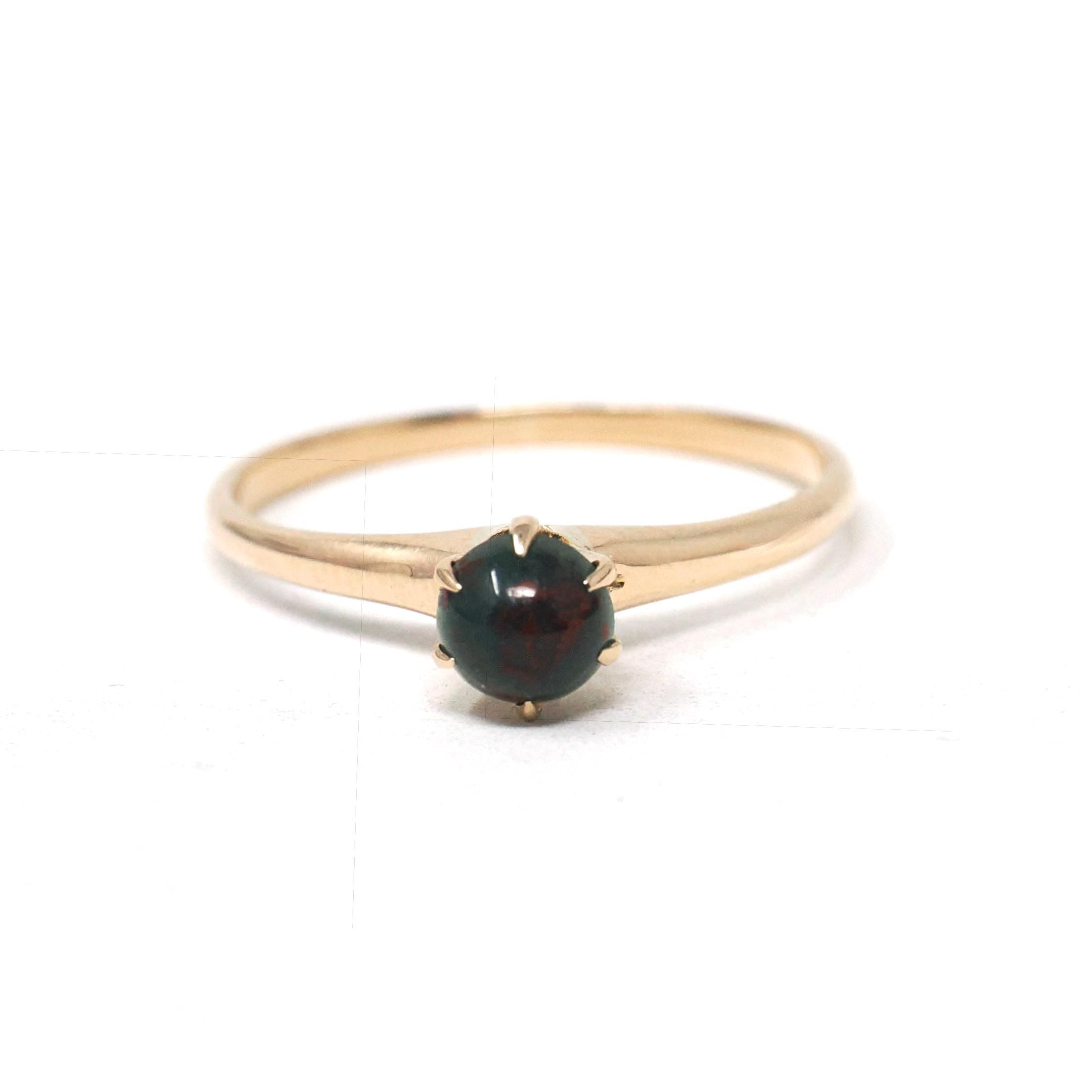 Antique Bloodstone Ring - Edwardian 10k Yellow Gold Round Cabochon Green Red Gem - Circa 1910s Era Size 5 Heliotrope Solitaire Fine Jewelry