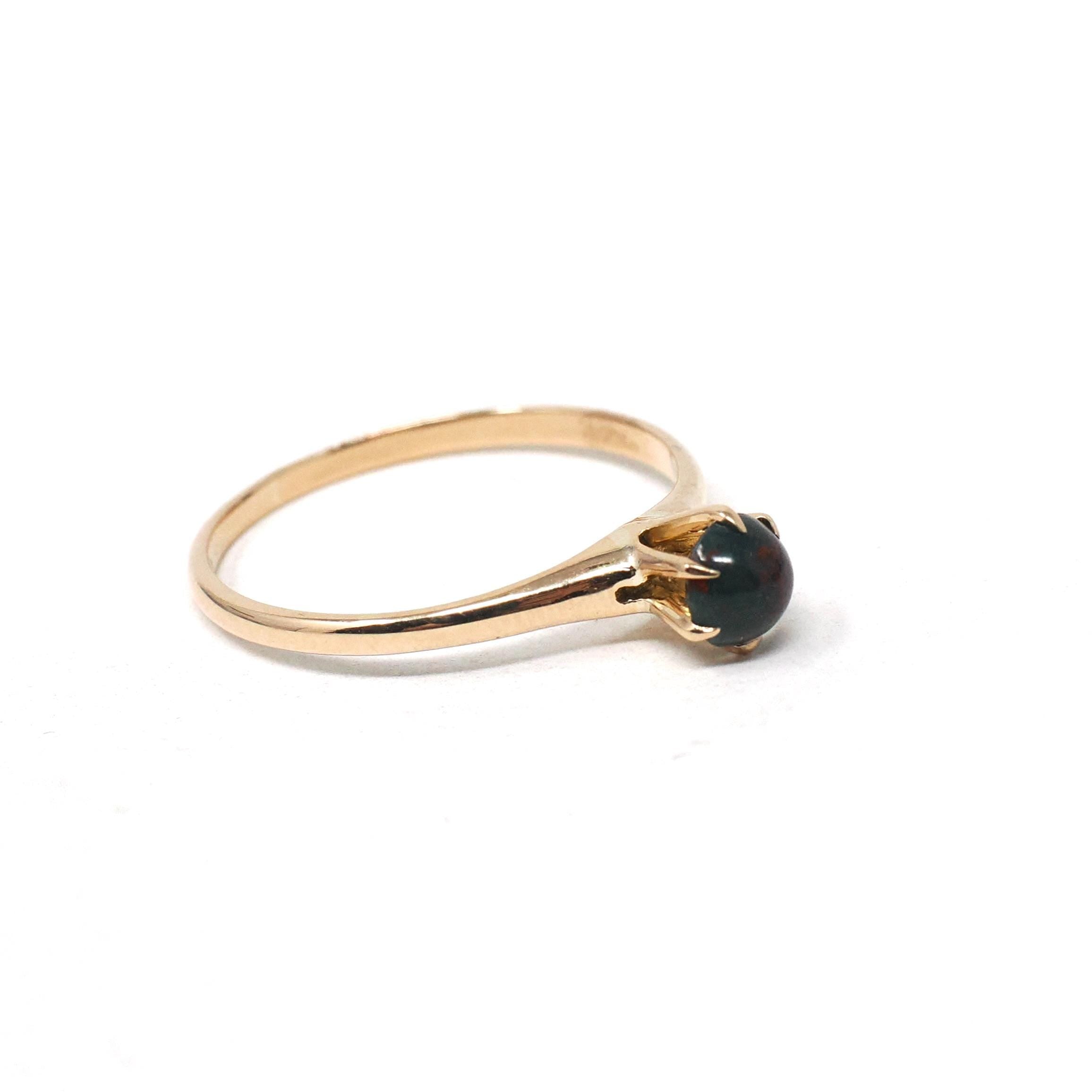 Antique Bloodstone Ring - Edwardian 10k Yellow Gold Round Cabochon Green Red Gem - Circa 1910s Era Size 5 Heliotrope Solitaire Fine Jewelry