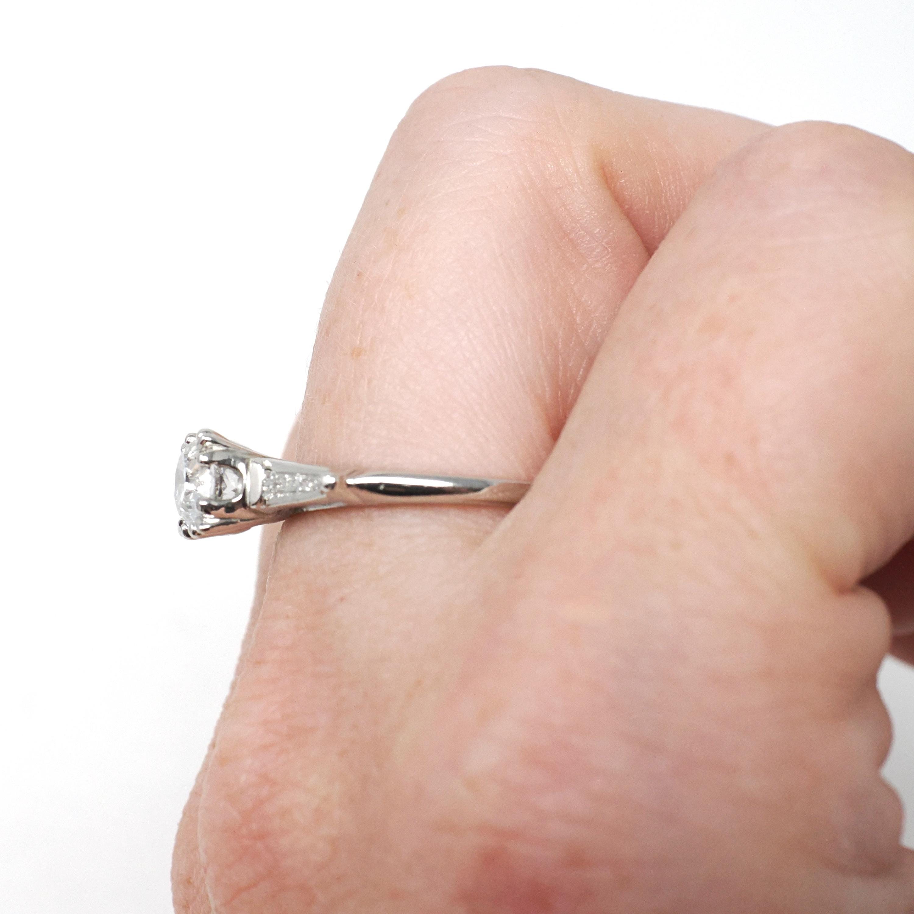 0.96 ct Diamond Engagement Ring - Circa 1950s Platinum Old European Cut & Baguette Diamonds - Size 7 1/4 Mid Century Era Fine Bridal Jewelry
