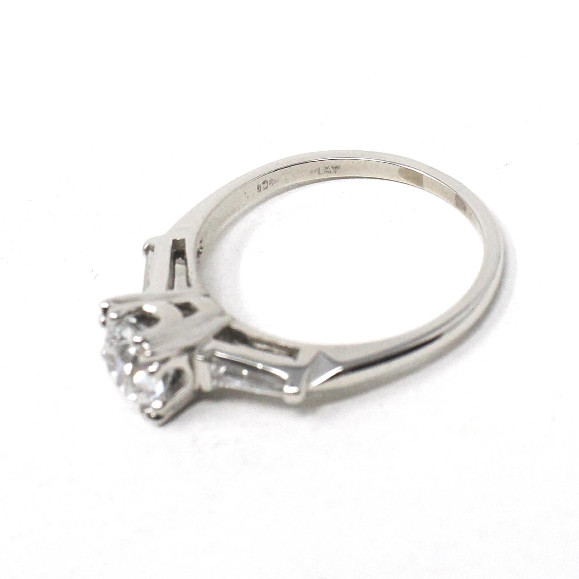 0.96 ct Diamond Engagement Ring - Circa 1950s Platinum Old European Cut & Baguette Diamonds - Size 7 1/4 Mid Century Era Fine Bridal Jewelry