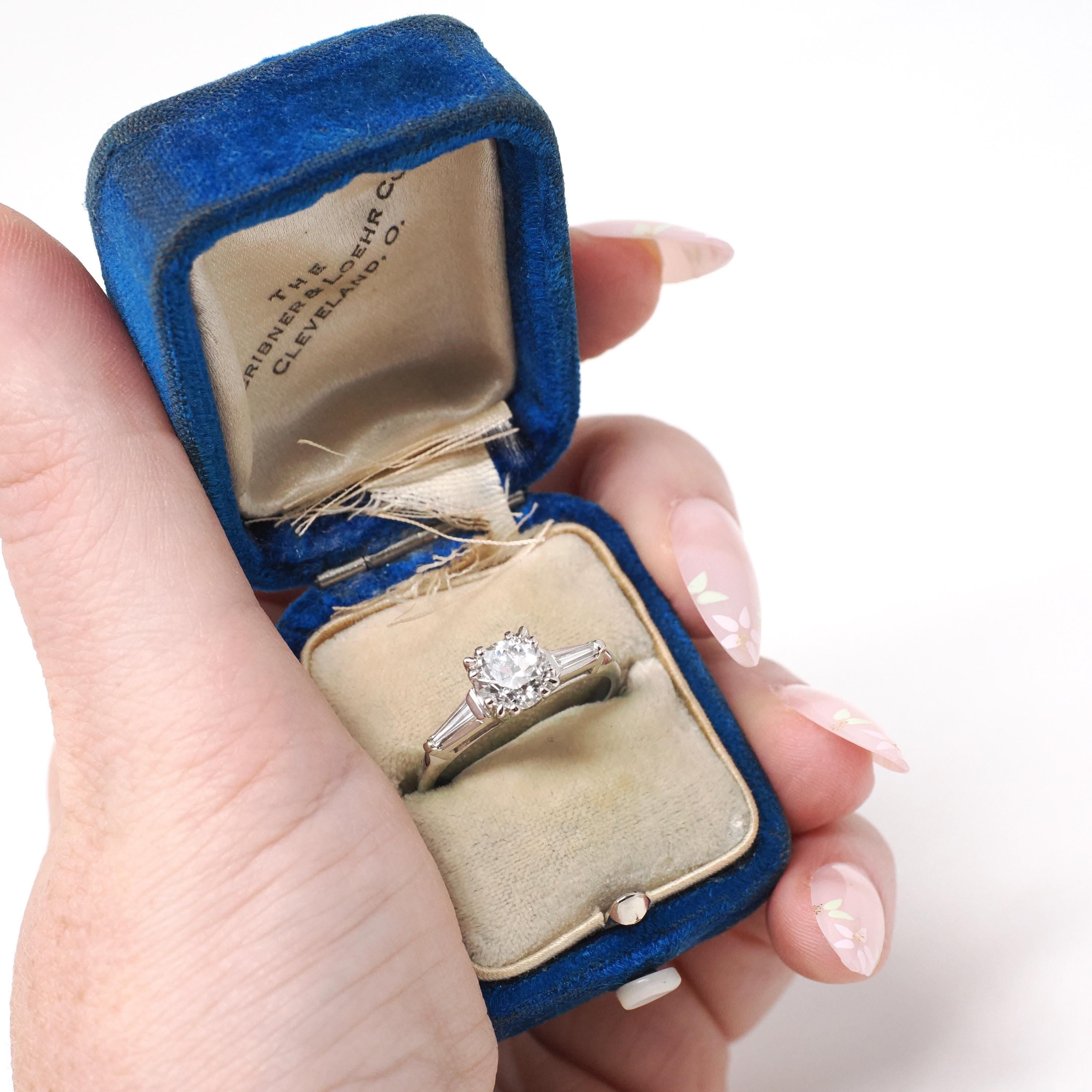 0.96 ct Diamond Engagement Ring - Circa 1950s Platinum Old European Cut & Baguette Diamonds - Size 7 1/4 Mid Century Era Fine Bridal Jewelry
