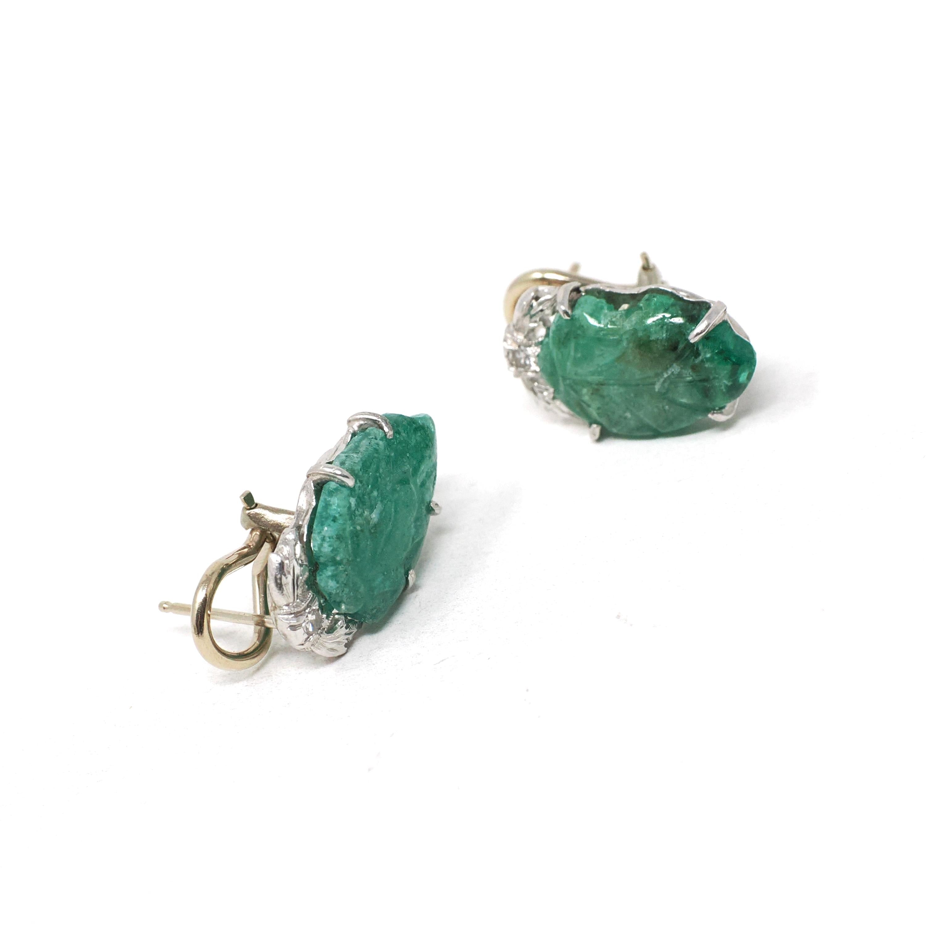 Carved Emerald Earrings - Art Deco Platinum & 14k White Gold Natural Leaf Gemstone Diamond Accent - Circa 1930's Fine May Birthstone Jewelry