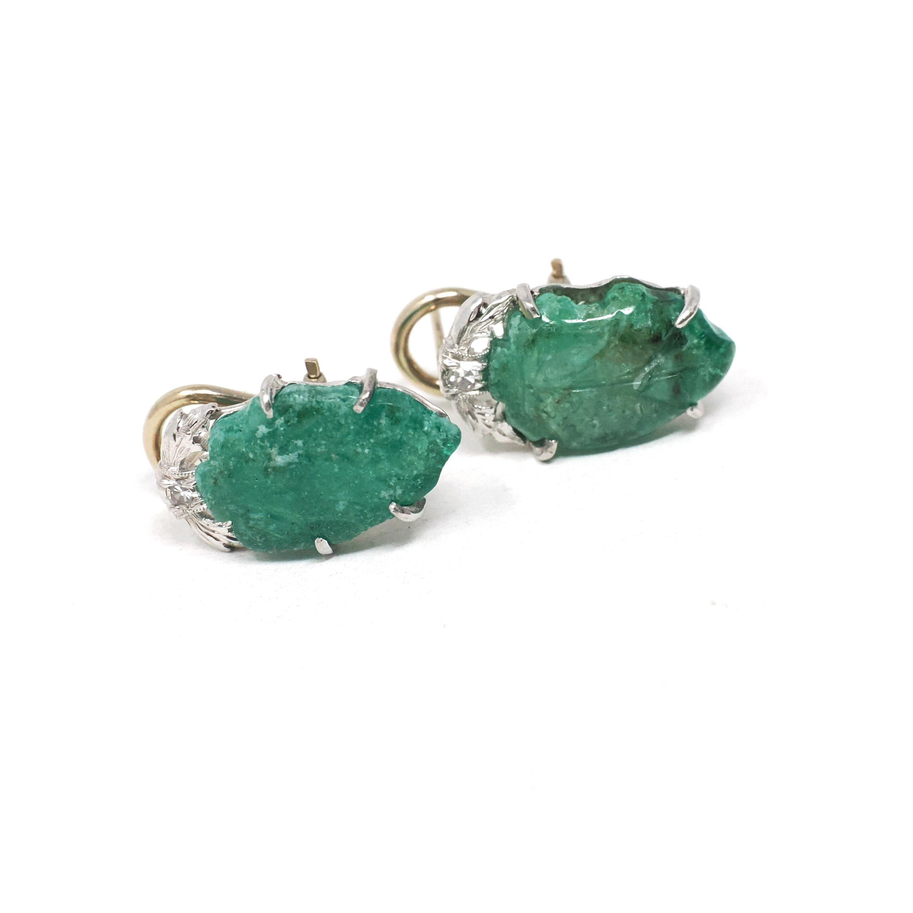 Carved Emerald Earrings - Art Deco Platinum & 14k White Gold Natural Leaf Gemstone Diamond Accent - Circa 1930's Fine May Birthstone Jewelry
